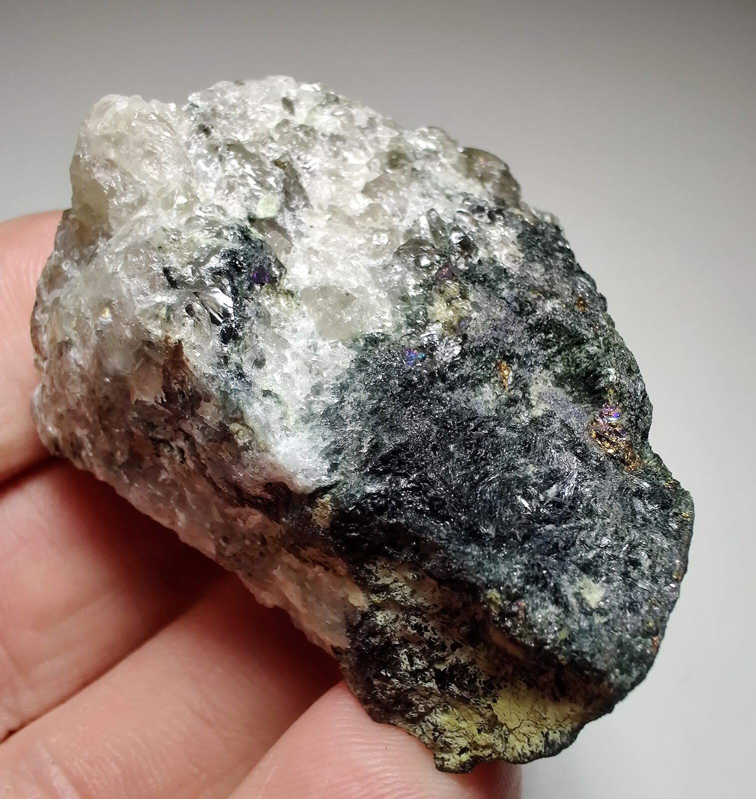 Magnetite, Chalcopyrite etc, on Quartz. Mineral Hill Mine, Maryland. 68 grams.