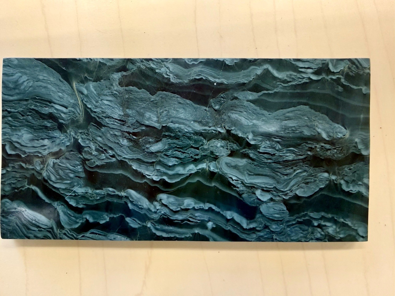 Green Wave Jade Slab With Wooden Stand