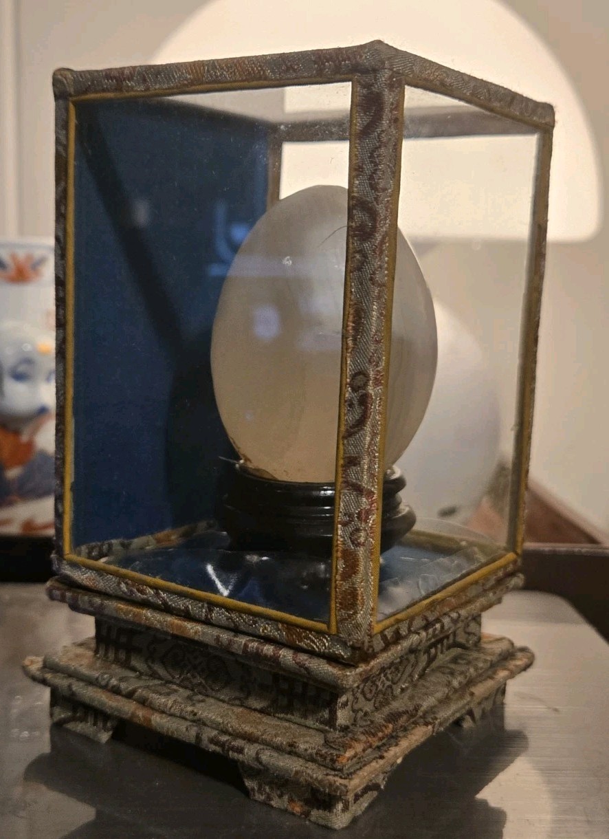 Vintage Banded Onyx Calcite Stone Egg w/ Display Stand & Glass Silk Presentation