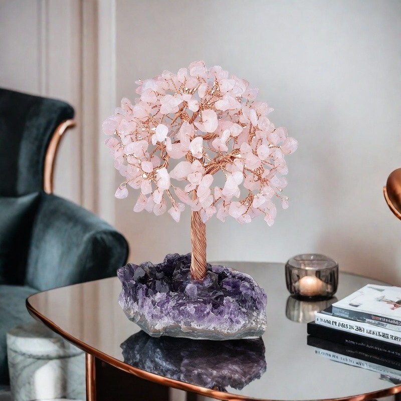Handmade Rose Quartz Tree of Life on Amethyst Geode Base Fortune Tree Home Decor
