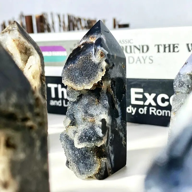 Natural Black Sphalerite Druzy Geode Healing Crystal Tower Point Obelisk Quart