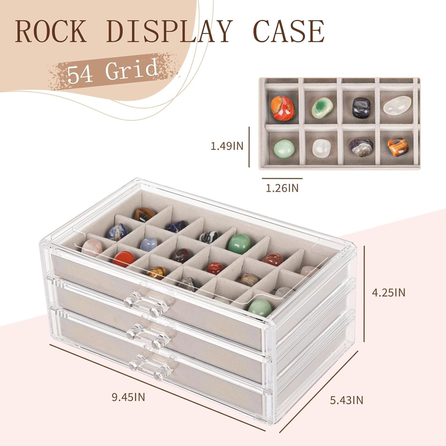 Rock Display Case,54 Grids Rock Collection Box for Kids with Mini Magnifying