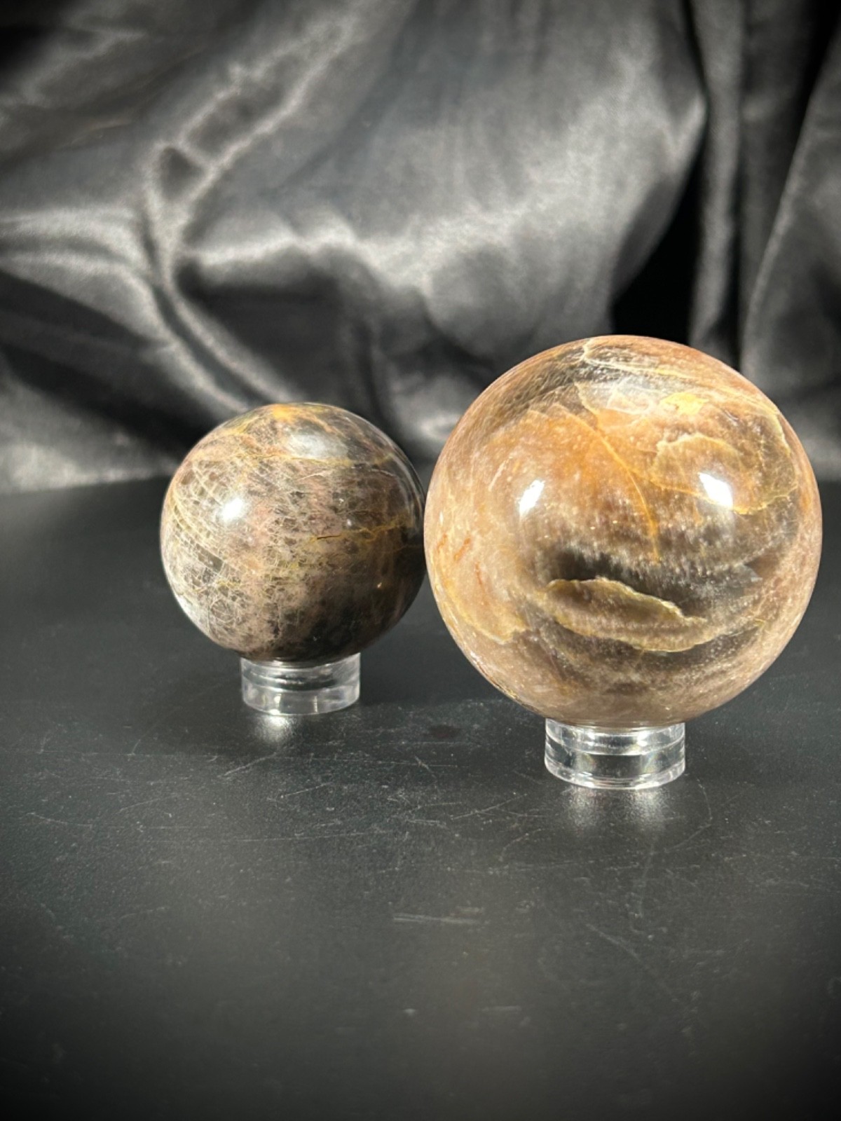 2 Piece Black Moonstone Sphere Bundle With Acrylic Stands 6.6oz (186 grams)