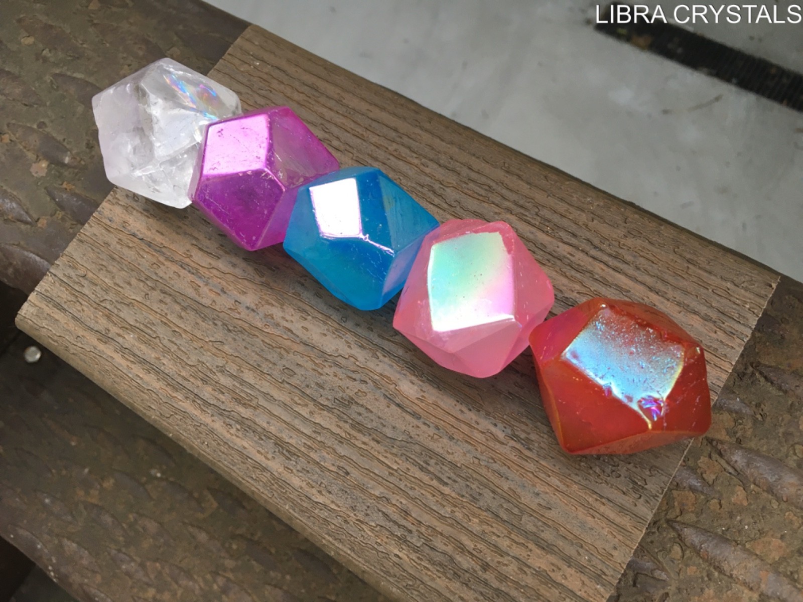 Rainbow Aura Quartz Crystal Grid Set 5 Piece Sacred Geometry Divination Stones