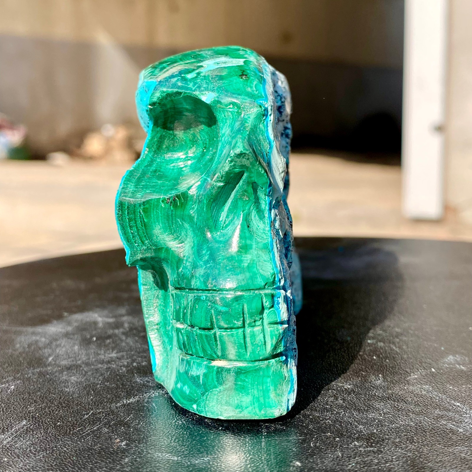 418G Natural Malachite silicon Quartz Crystal Skull Carved Stone Skeleton