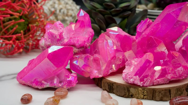 Titanium Angel Aura Quartz Geode Specimen Pink Crystal Cluster Desk Decor Gift