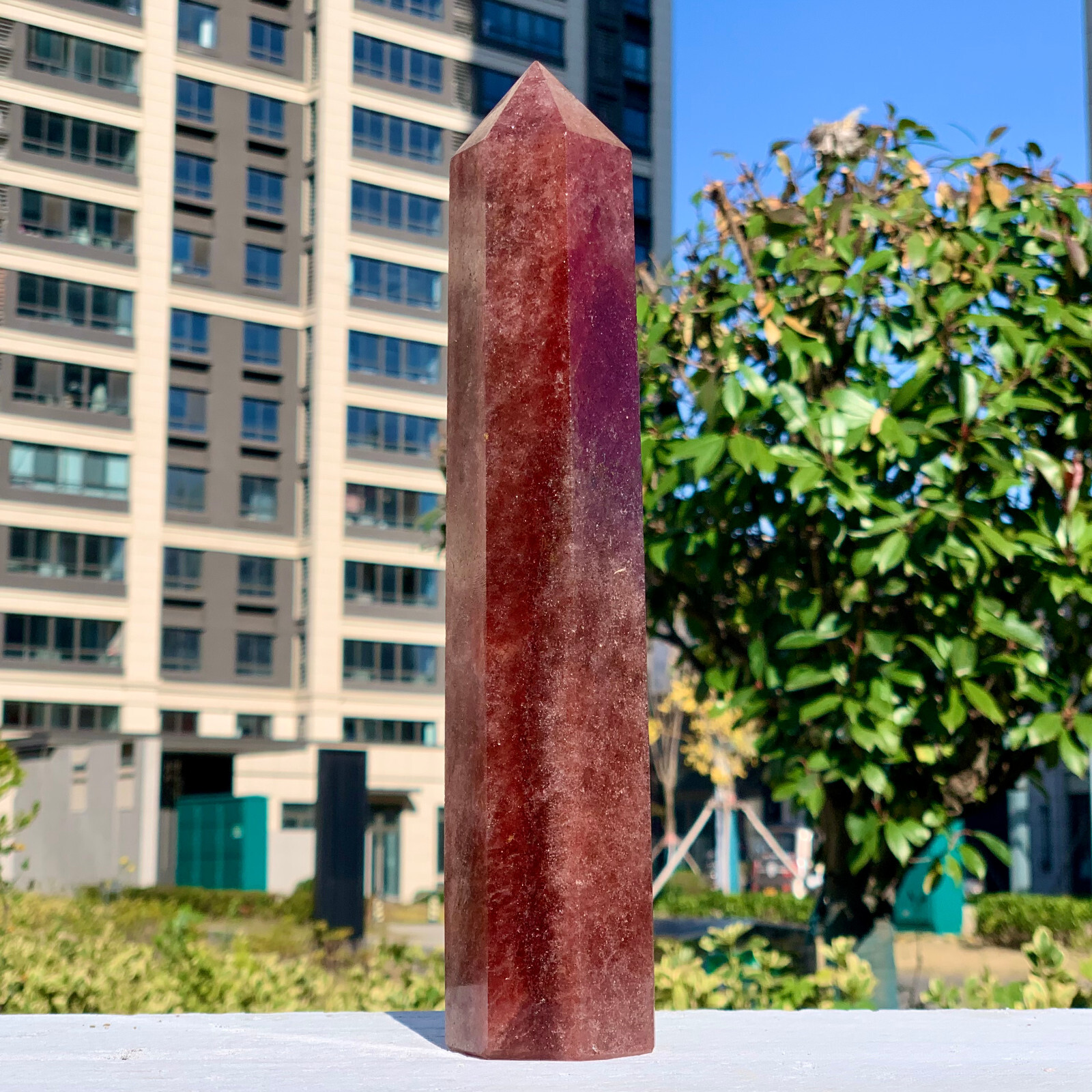 2.02LB Natural Large Strawberry Quartz Crystal Tower Point Obelisk Red Chakras