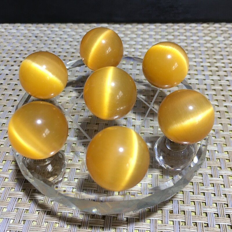 7pcs 20mm Grade A yellow Glass cat’s eye ball Sphere healing crystal +base r608