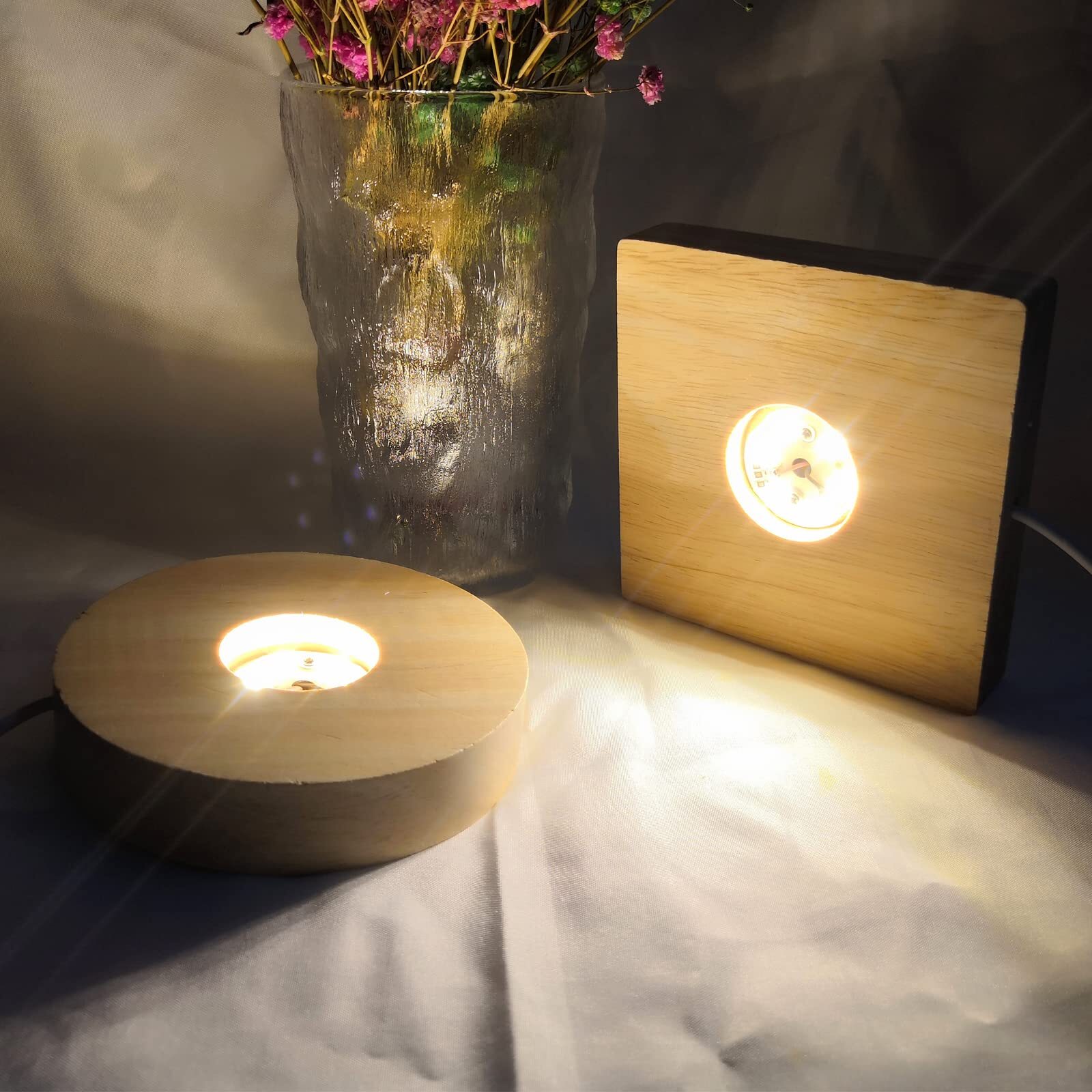 2 Pack LED Wooden Display Base Stand for Crystal Glass Art Resin Cylinder Lamp