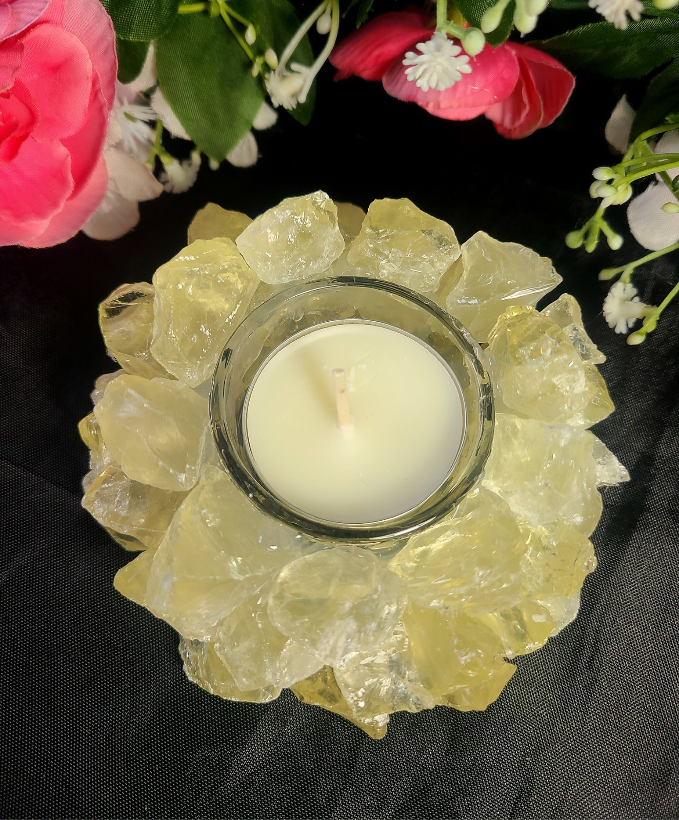Large 4″ Pretty Citrine Quartz Tea Light or Sphere Stand Crystal Ball Holder