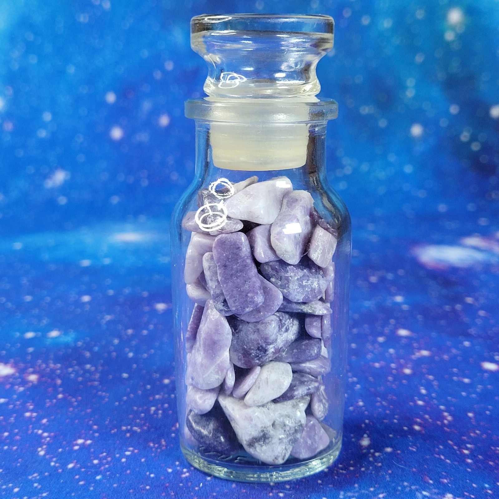 Lepidolite Stone Tumbles in Vintage 4 oz Apothecary Glass Jar Purple Crystal