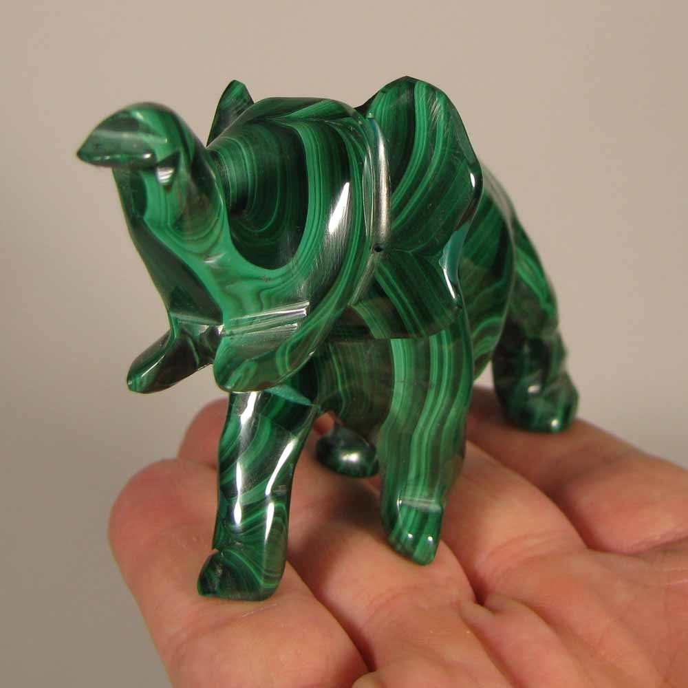 4″ Handcarved MALACHITE ELEPHANT Gemstone Animal Carving – Congo, Africa