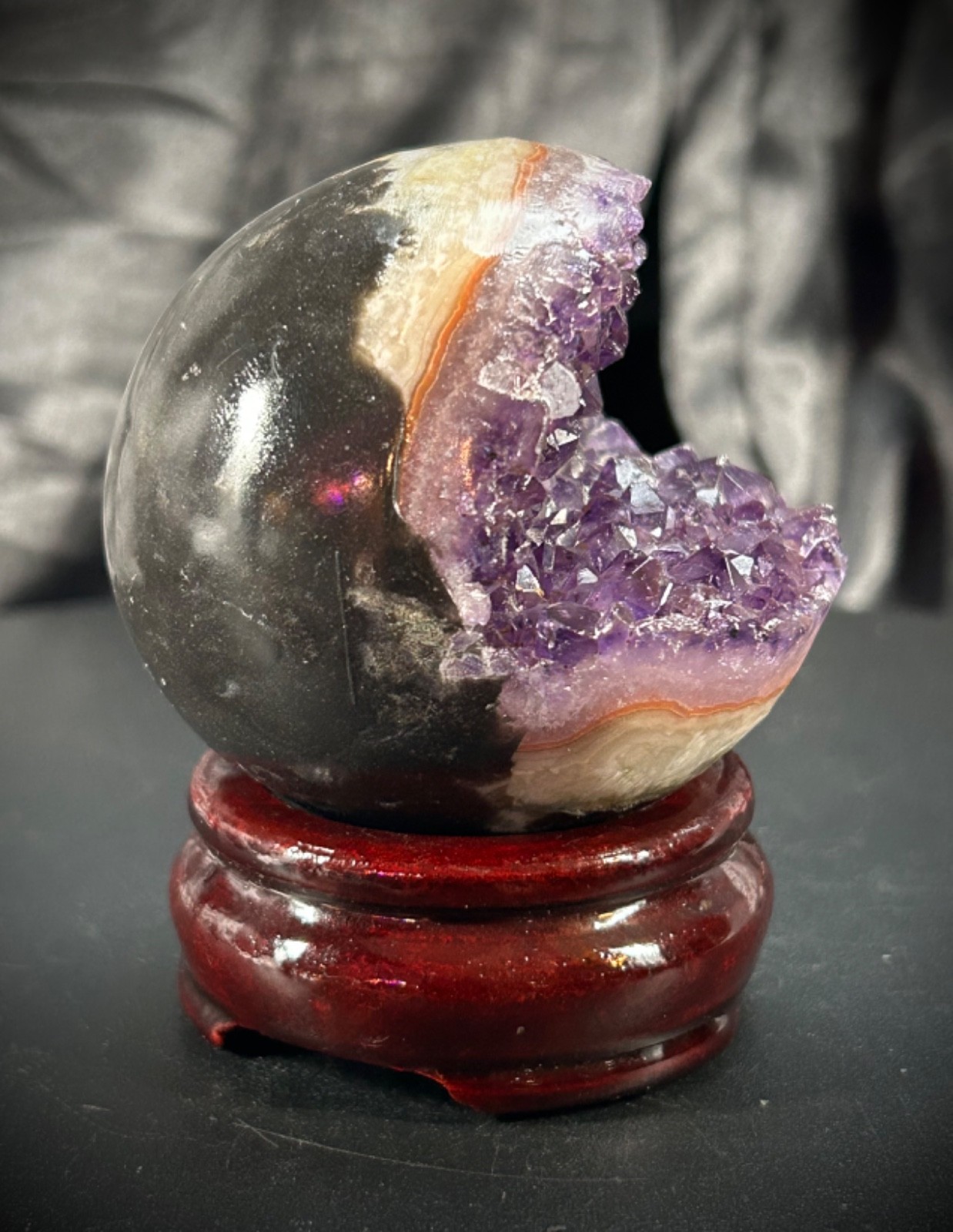 2.43″ diameter Amethyst Pac Man Specimen With Wood Stand 10.2oz