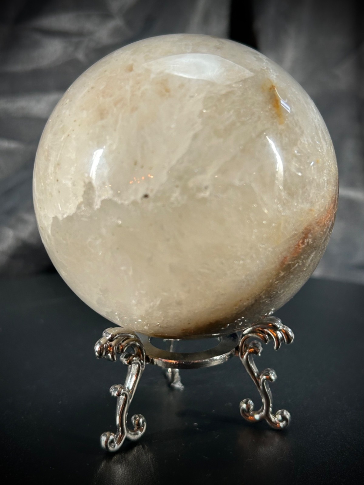 3″ Milky Lodolite Quartz Sphere With Metal Stand 1lb 6.1oz (626 grams) Druzy