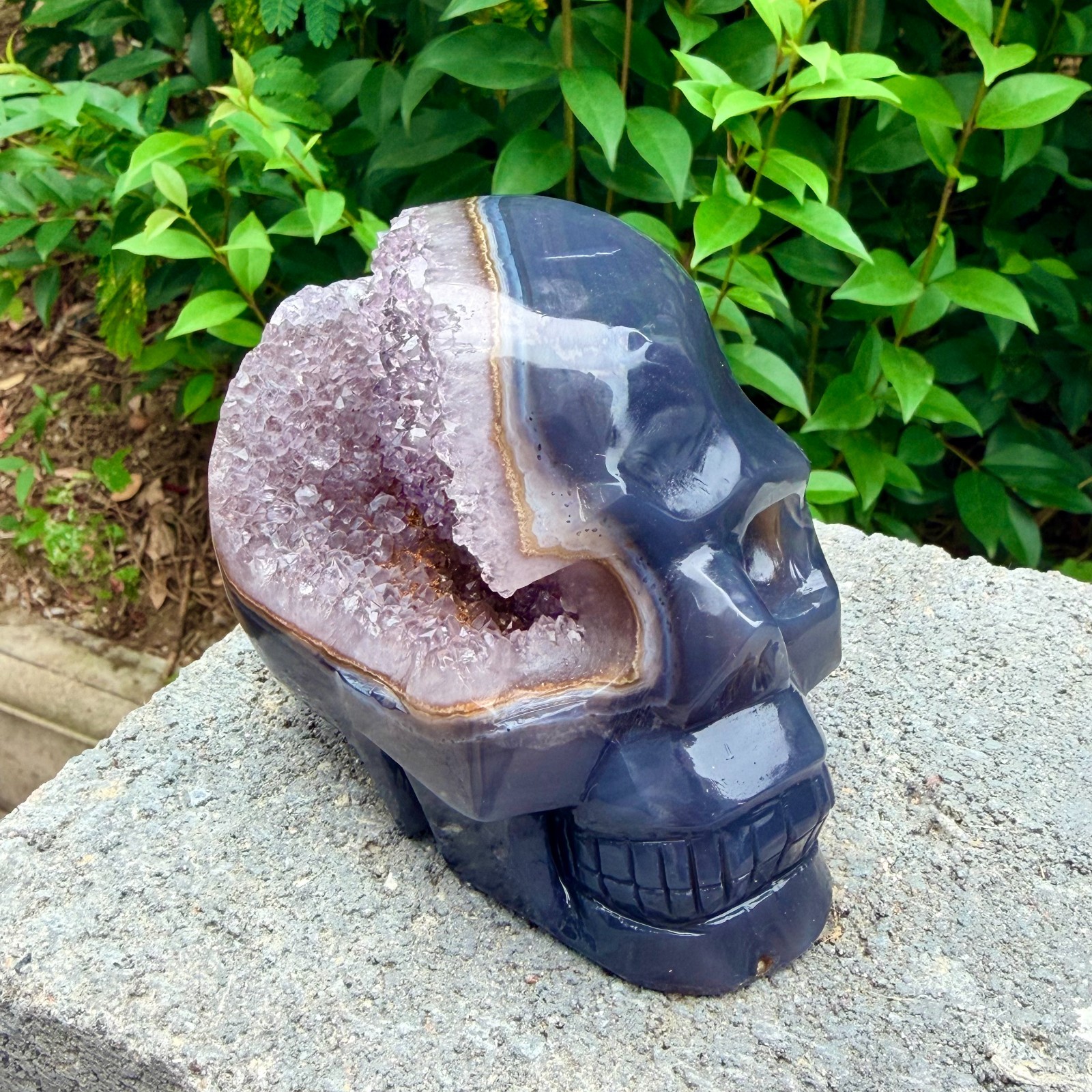 2.33lb Amethyst agate crystal cave skull, Rare hand carved skull specimen