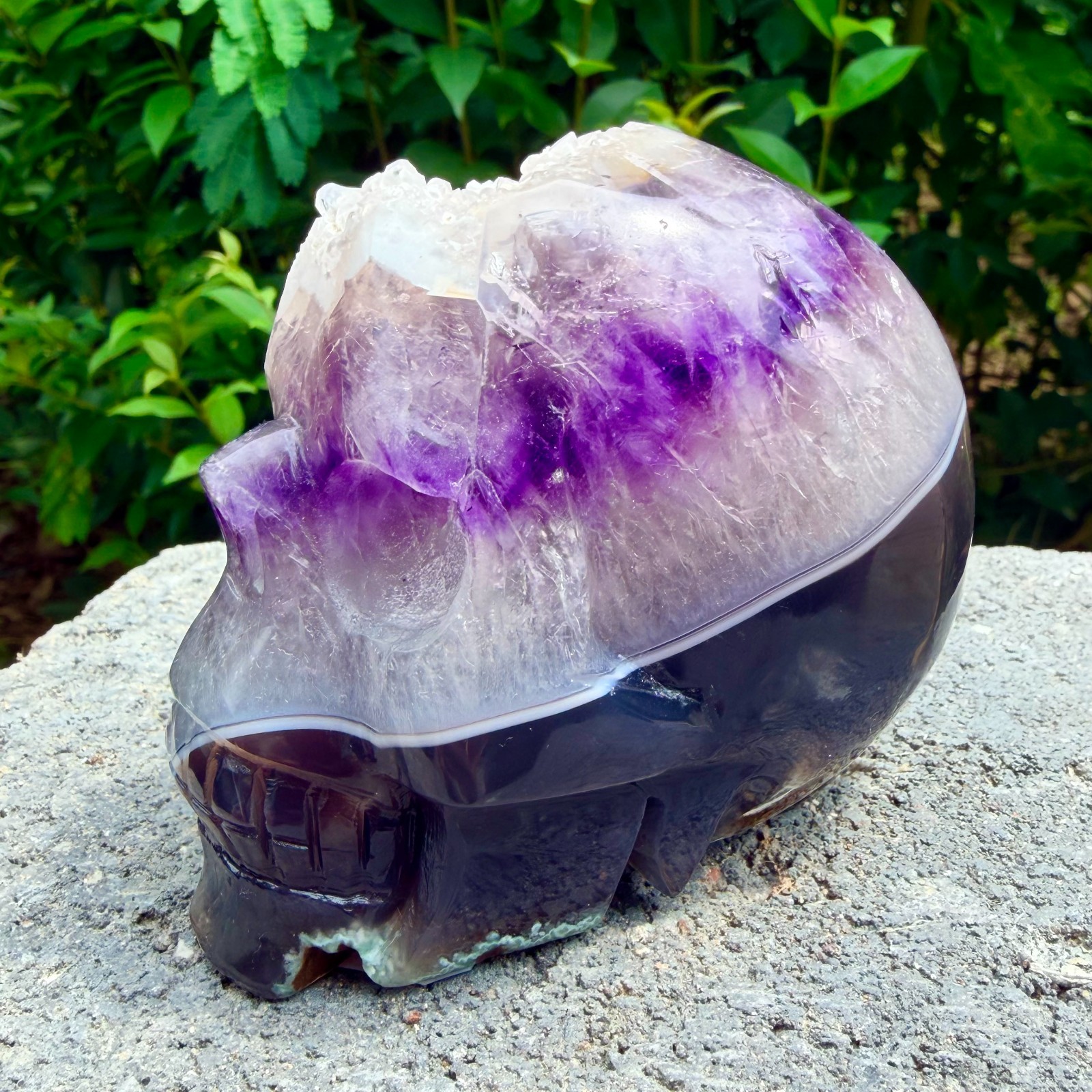 714g Amethyst agate crystal cave skull, Rare hand carved skull specimen