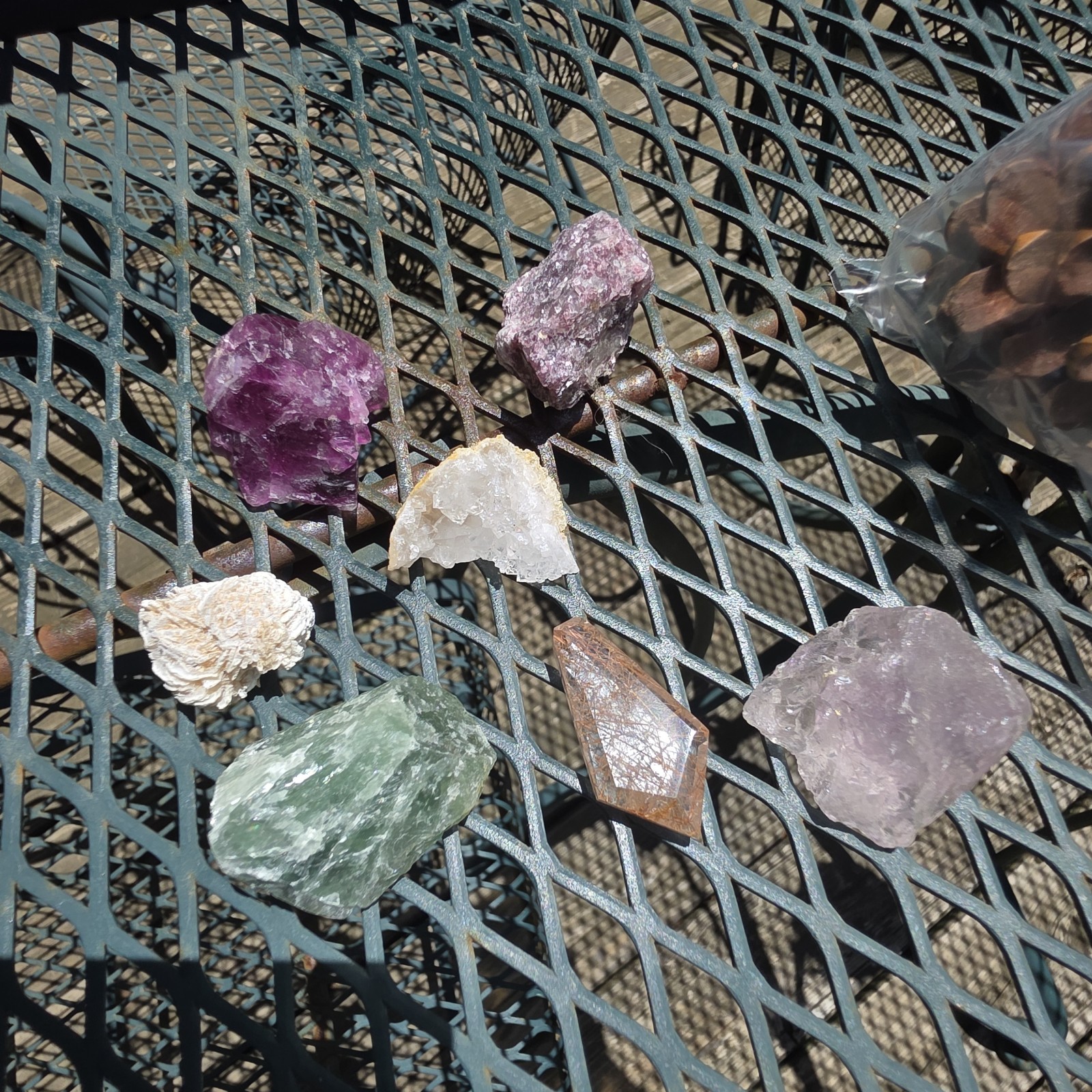 Shelf And Crystal Lot. 7 Various Crystals 8 1/8 By 8 3/4. Black/Dk Grey