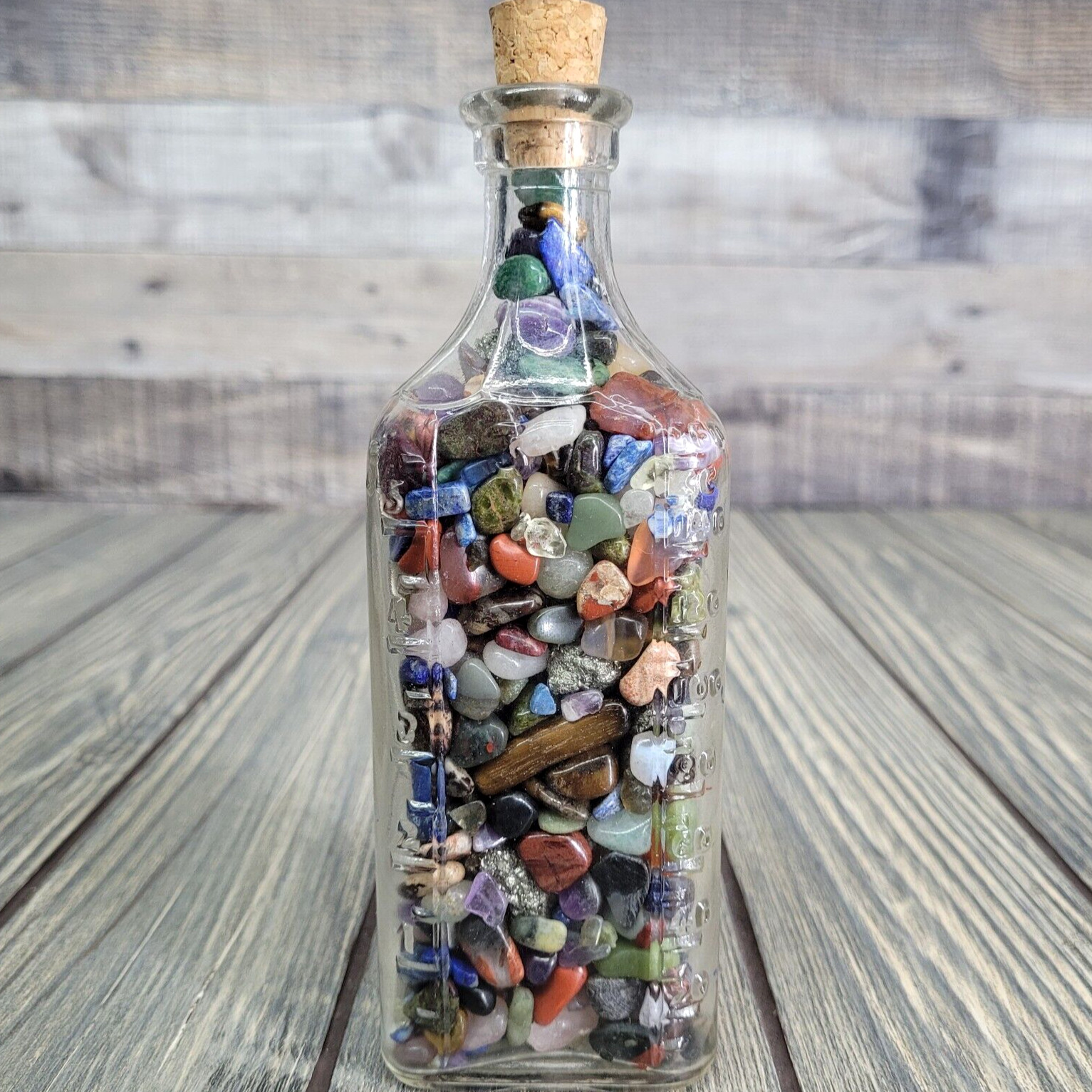 12oz Mixed Crystals in Vintage Apothecary Glass Medicine Bottle Jar Rock Tumbles