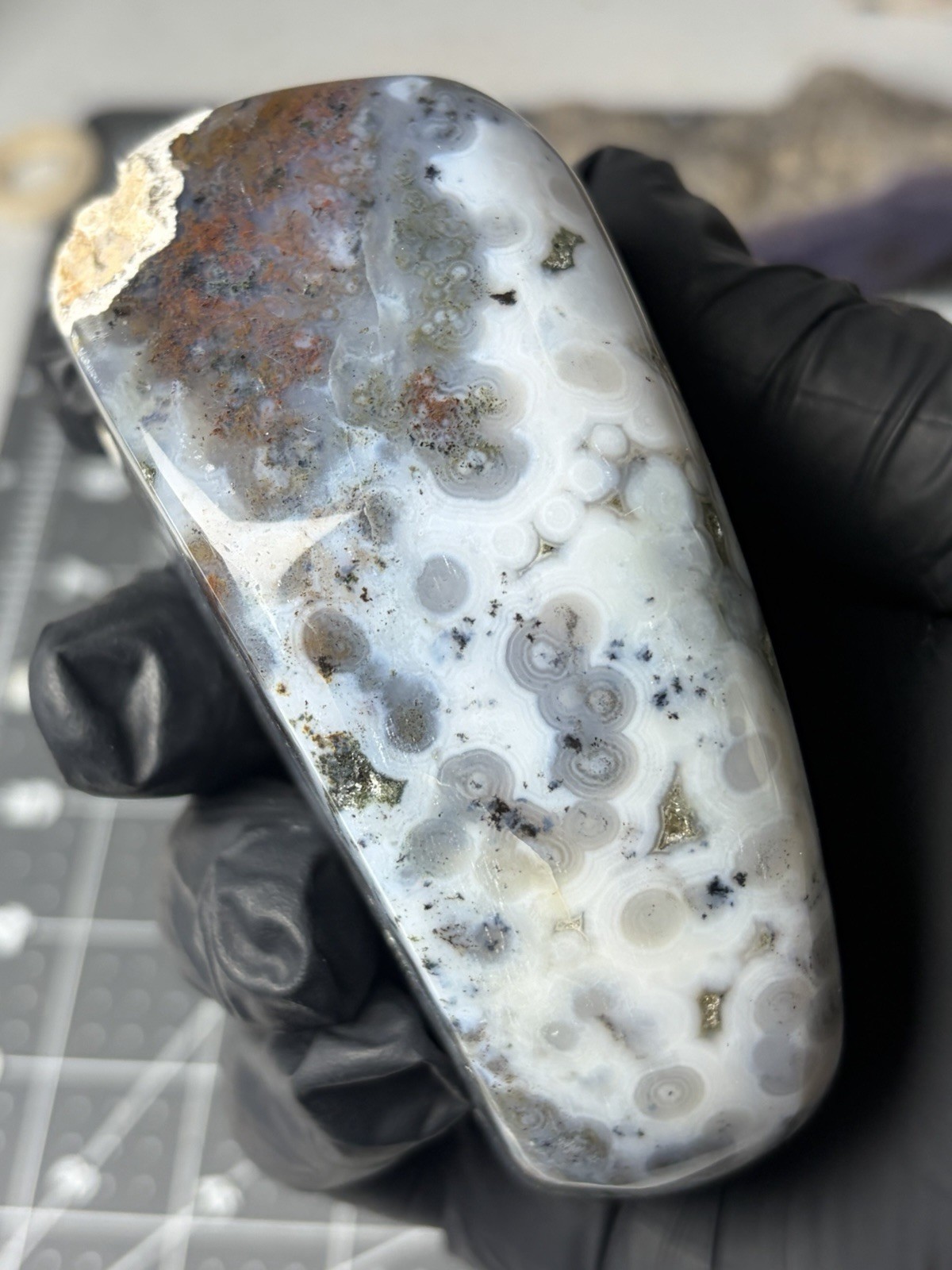 Beautiful Ocean Jasper Standing Free Form Orbs Bluish Colors