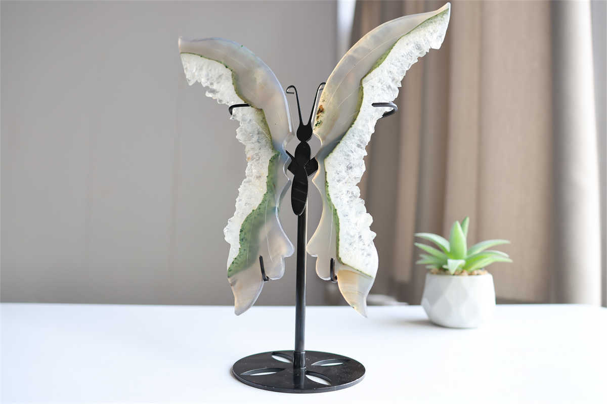 350g Natural Geode Agate Carved Butterfly Wing Reiki Crystal Decor Gift + Stand