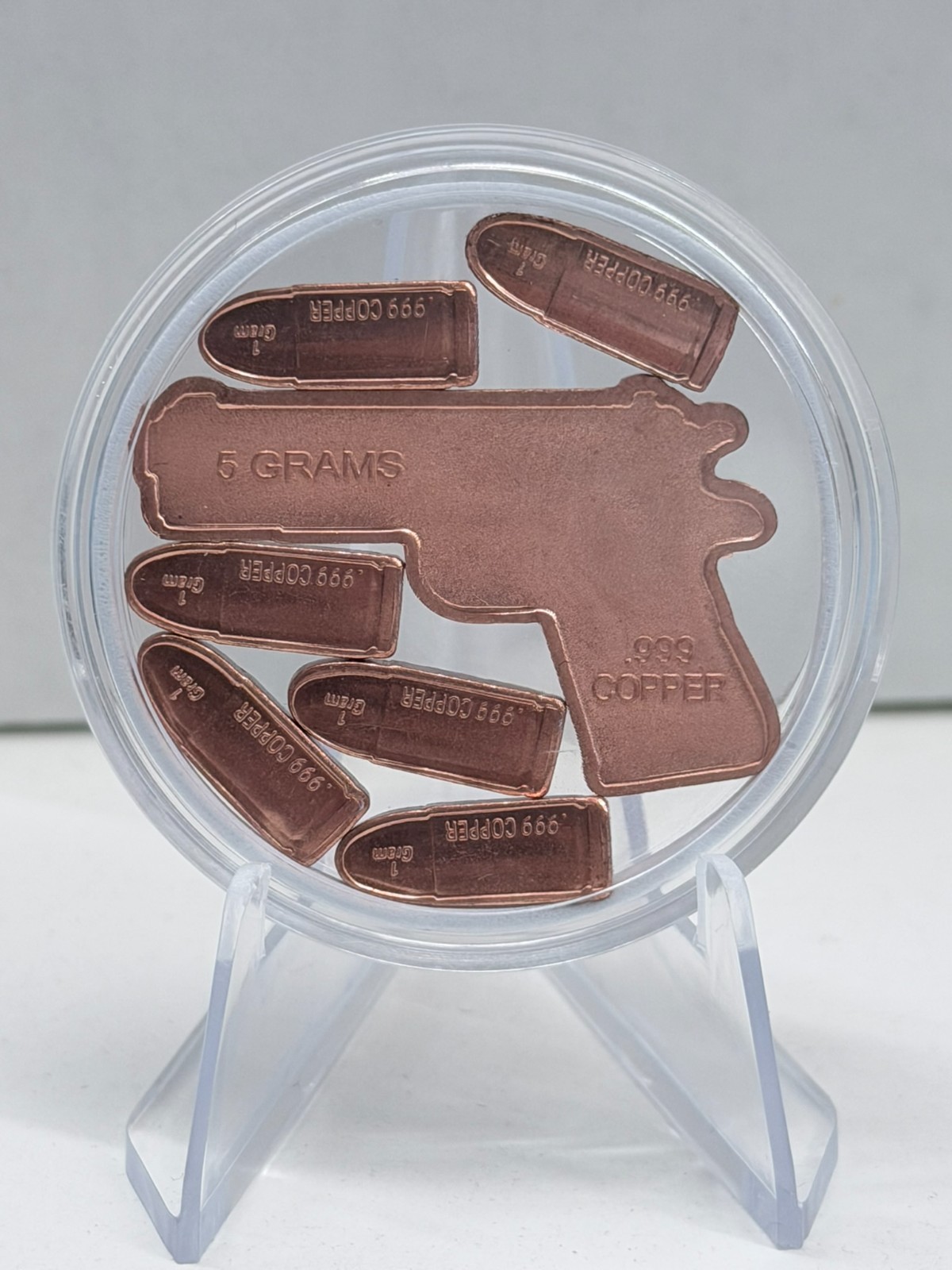 5 Gram Copper 1911 Pistol W/ 6x 1 Gram Copper Bullets In Capsule 11 Grams Total