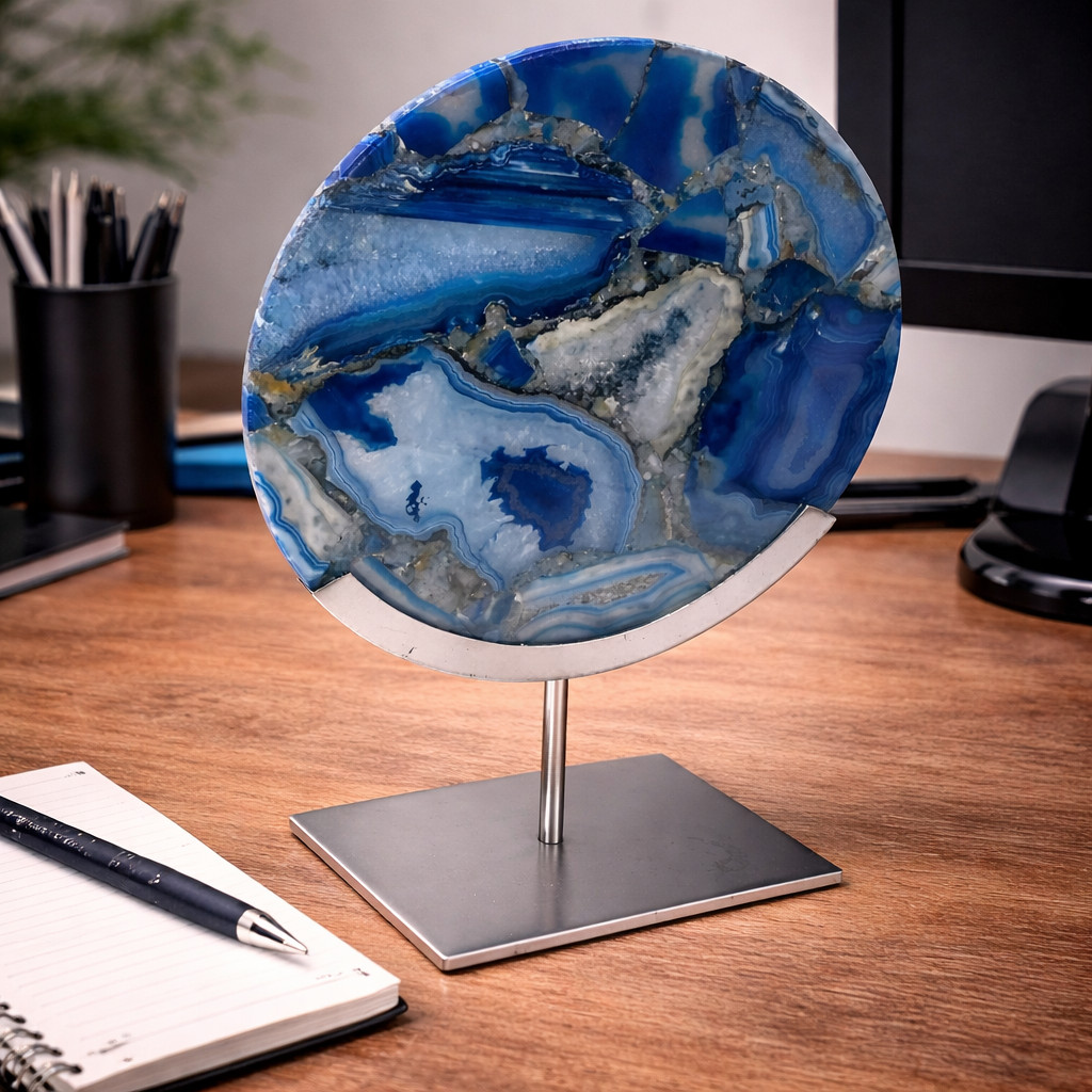 Blue Dyed Agate Slice on Steel Stand 9 Inch Modern Decorative Stone Zodax Style