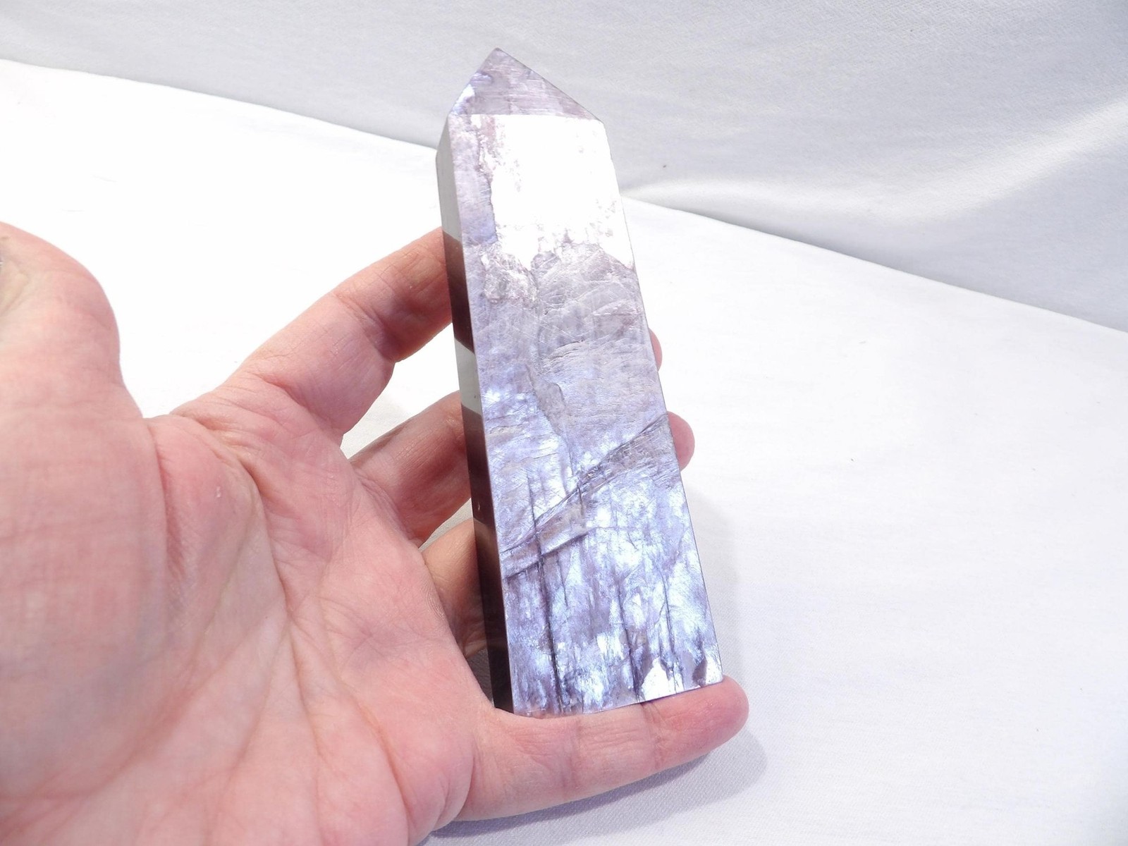 Natural gem lepidolite metallic purple mica tower point, 175g, 5.25″L