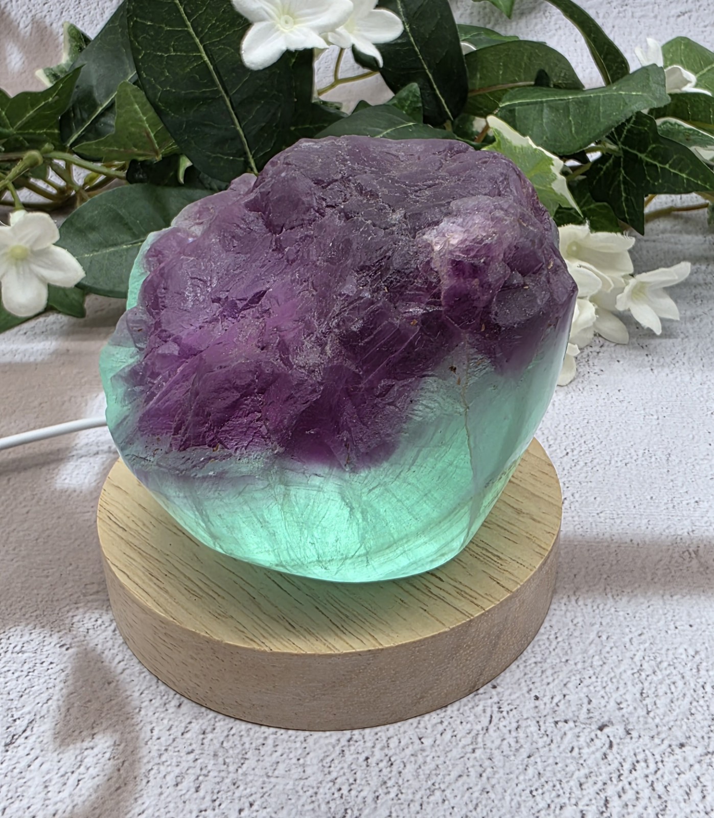 Natural Fluorite Cupcake Polished Freeform Purple Aqua Crystal w/ Light Stand