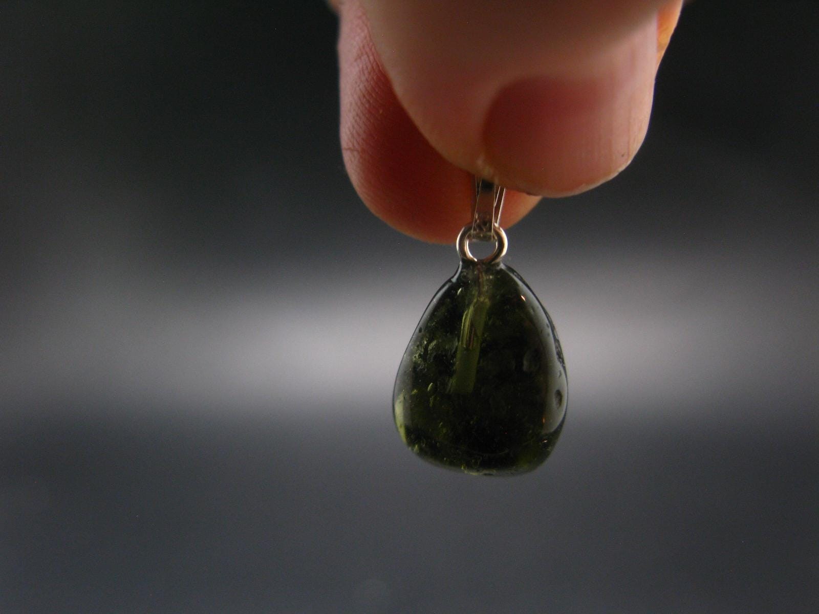 Gem Moldavite Tektite SS Pendant From Czech Republic – 0.8″ – 1.5 Grams