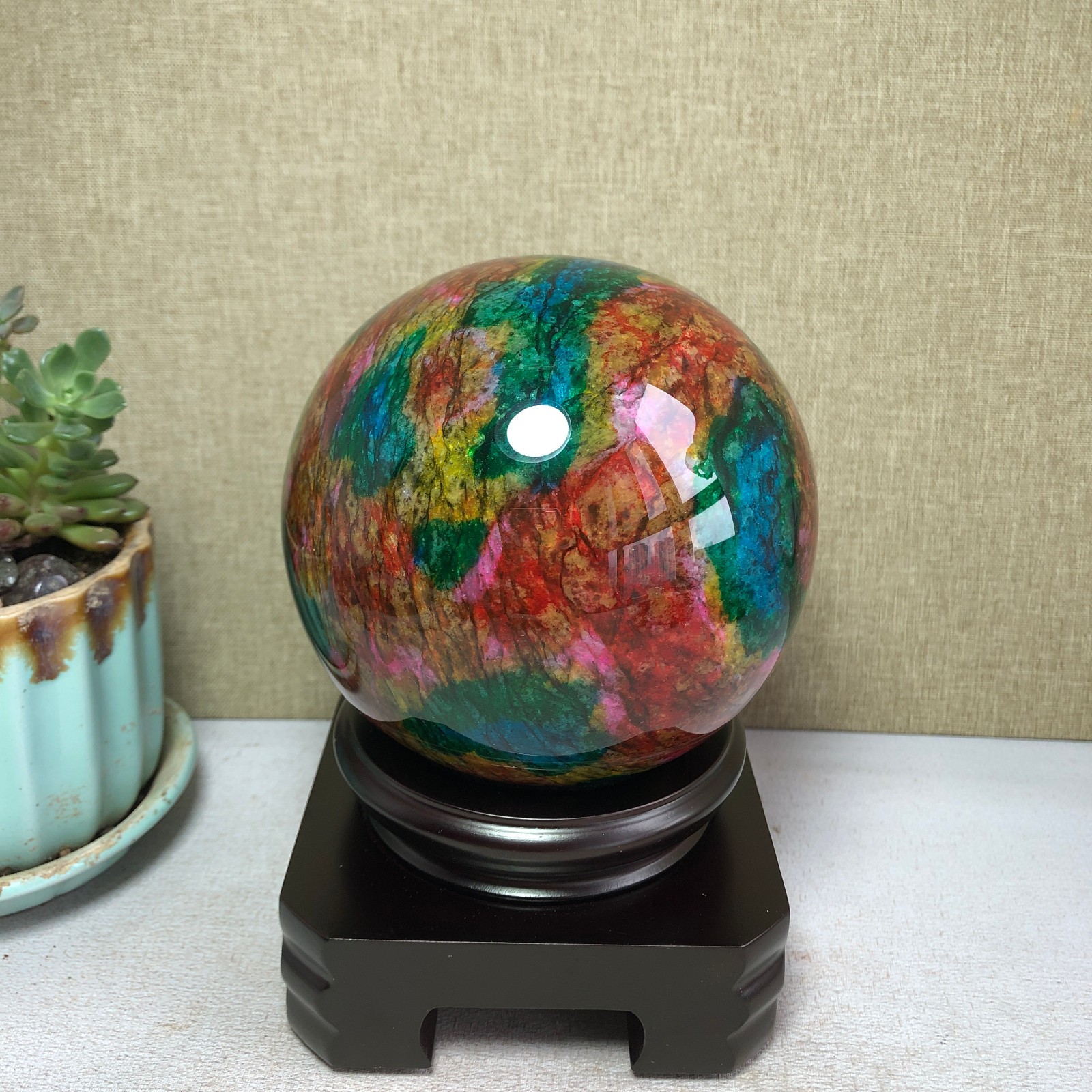 Natural “Seven Colors Jade” sphere flat bottom specimen Taiwan China 99mm A4577