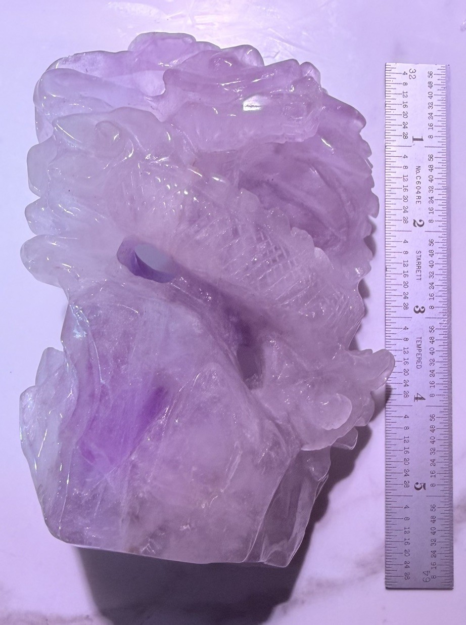 Purple Carved Crystal Dragon Sculpture Mineral Display Specimen Statue 6 in Tall