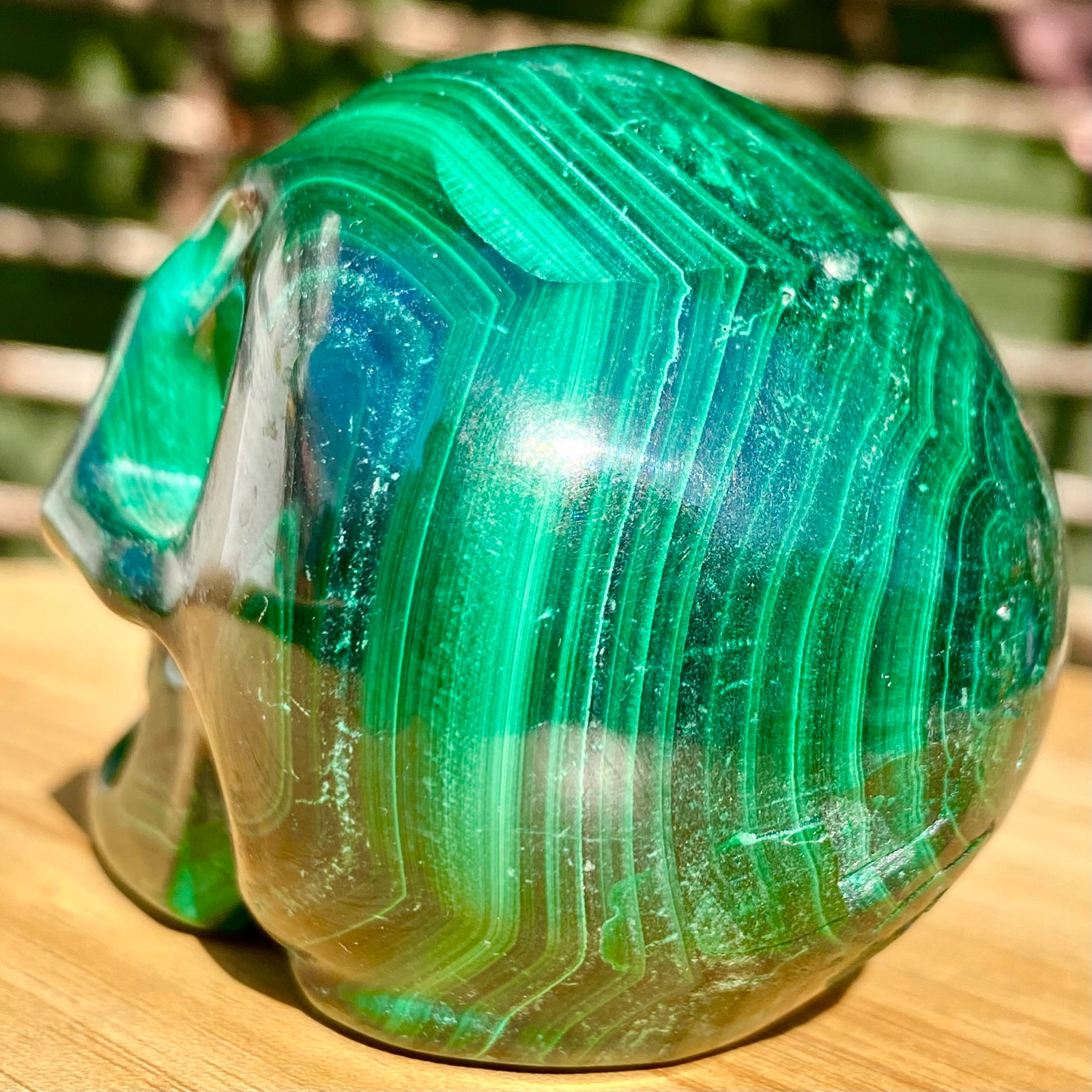 391G Malachite Crystal Skull, Hand Carved Gemstone Fine Art Sculpture