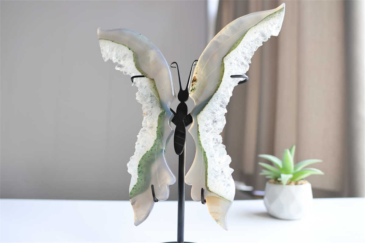 350g Natural Geode Agate Carved Butterfly Wing Reiki Crystal Decor Gift + Stand