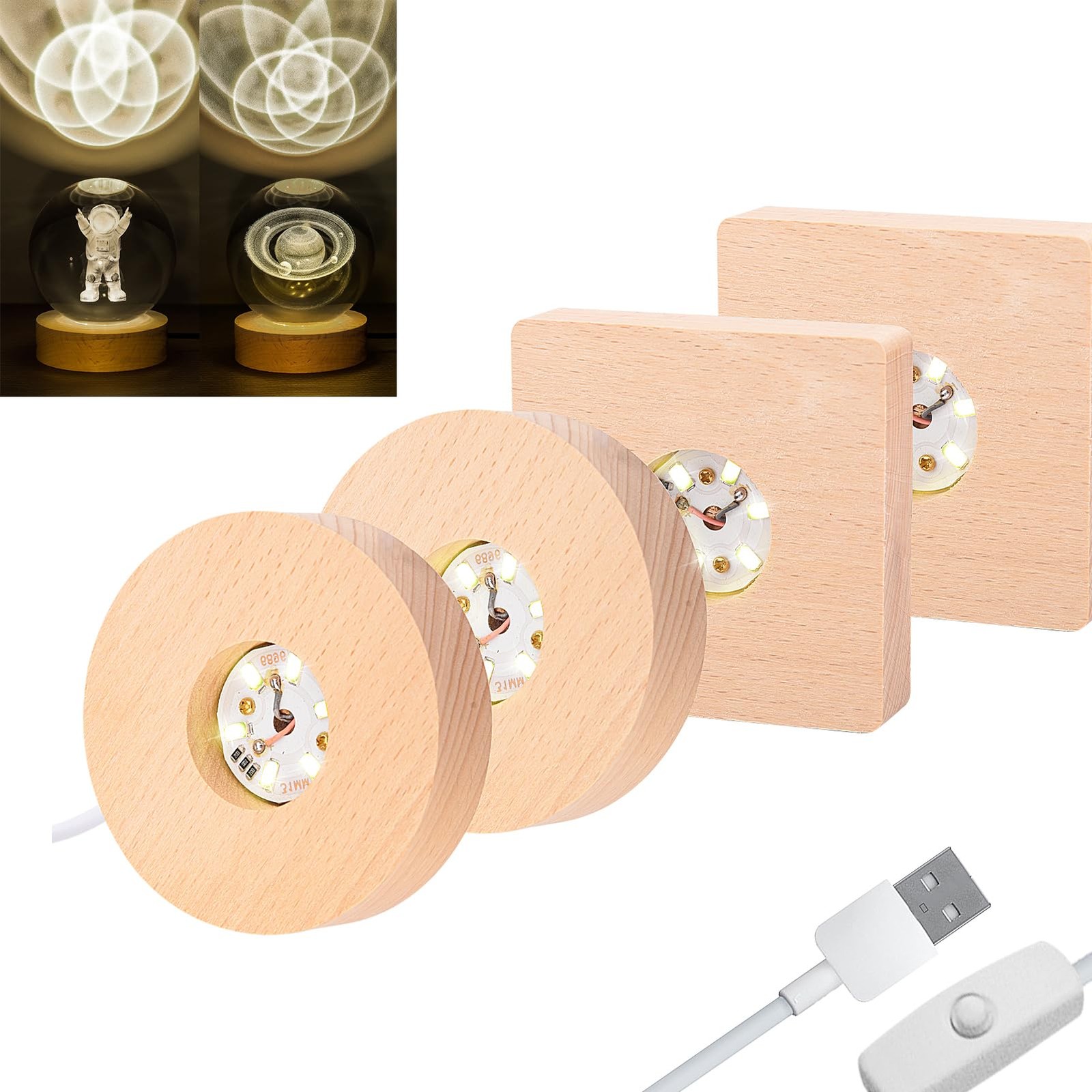 4pcs Wooden Light Base, Round & Square Crystal Sphere Pedestal Stand with USB…