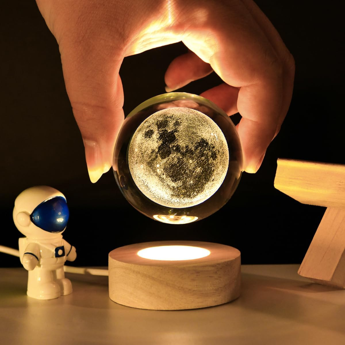 3D Moon Crystal Ball with LED Stand, Moon Figurine Decor Glass Sphere Lamp, Spac