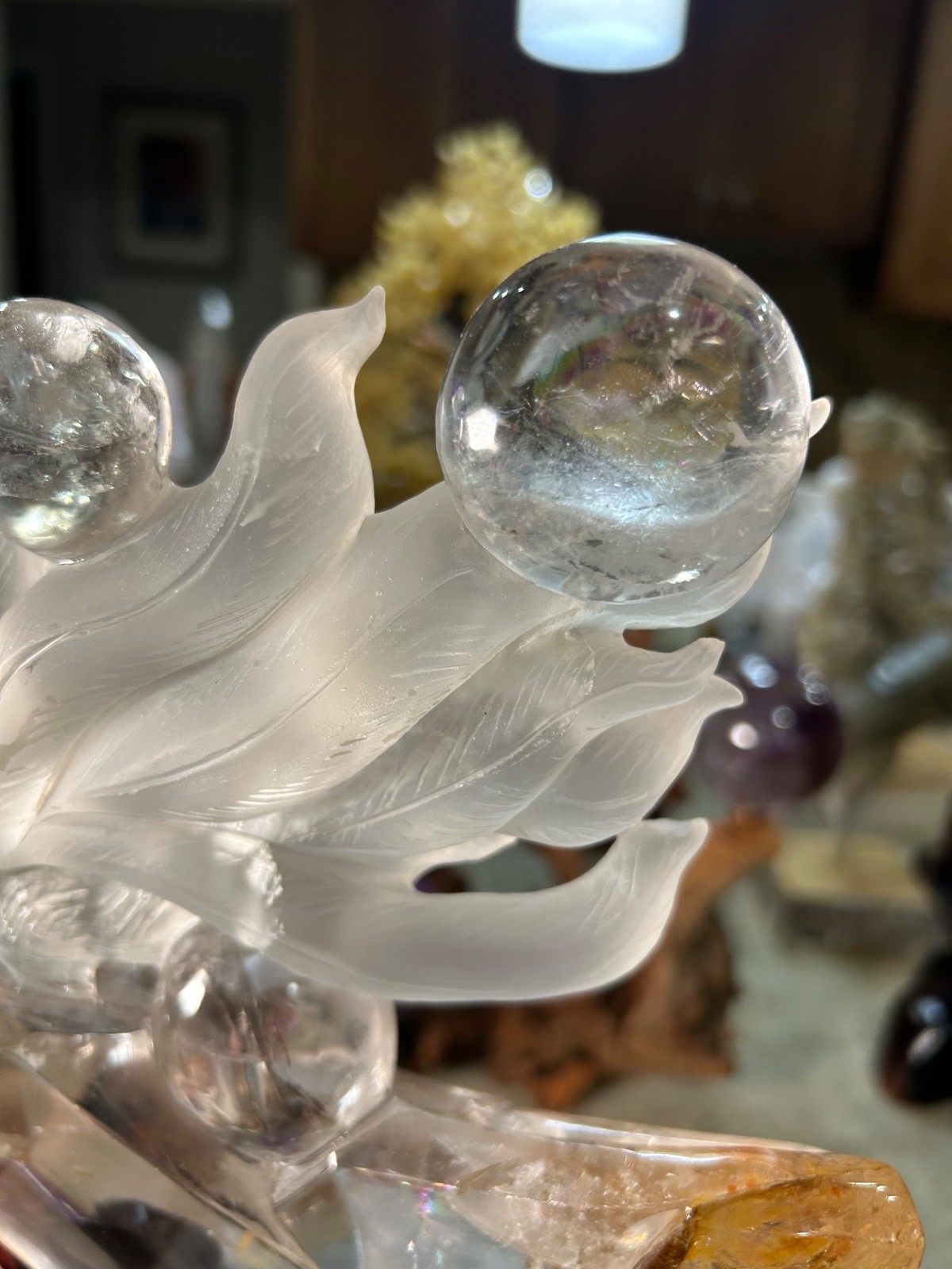 Clear Quartz healer nine 9 tail FOX carving on custom wood stand large