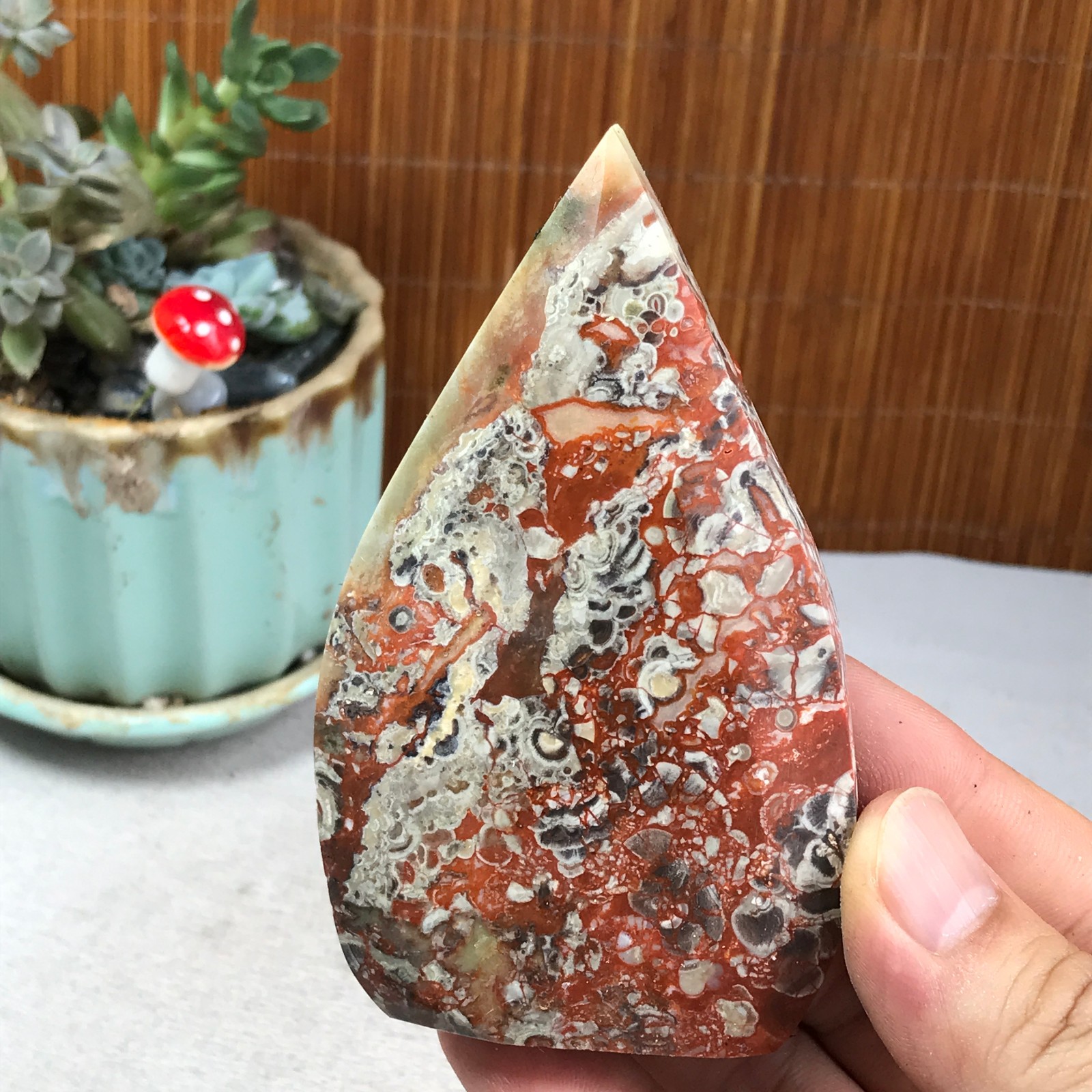 Natural money Mexico agate hand carve leaf Crystal Specimen free standing A6262