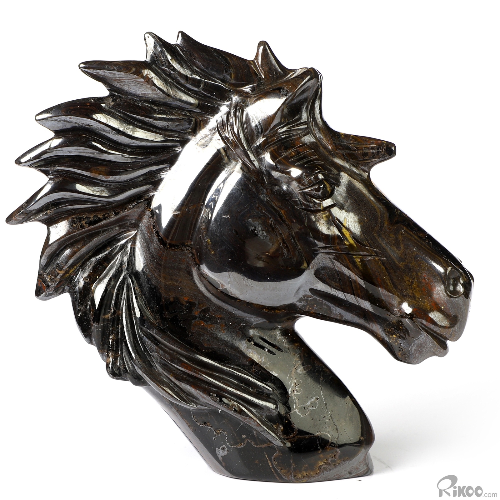 3.7″ Gold Tiger Iron Eye Hand Carved Crystal Horse Sculpture, Healing