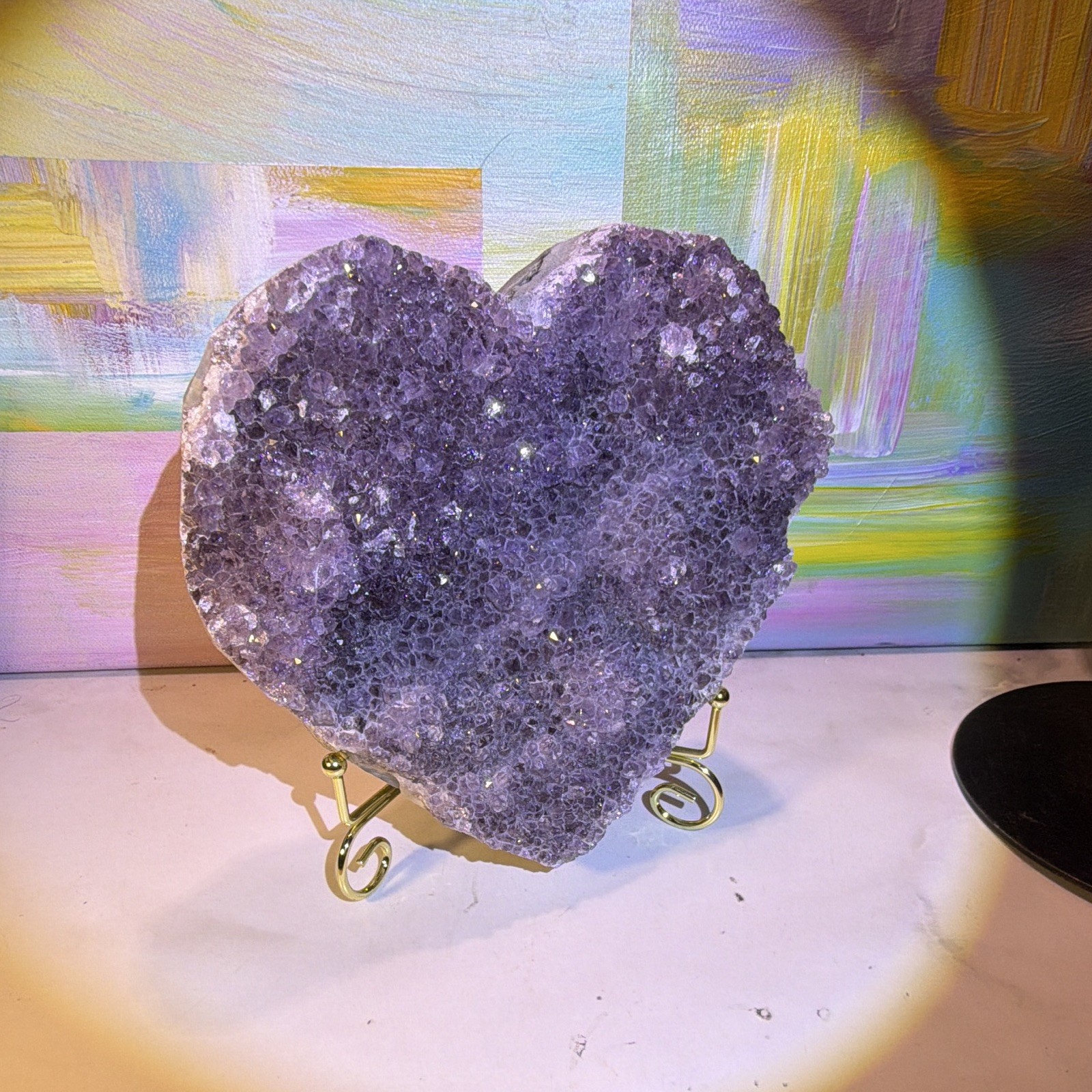 Heart-Shaped Purple Crystal Cluster Mineral Display Specimen on Metal Stand 8 in
