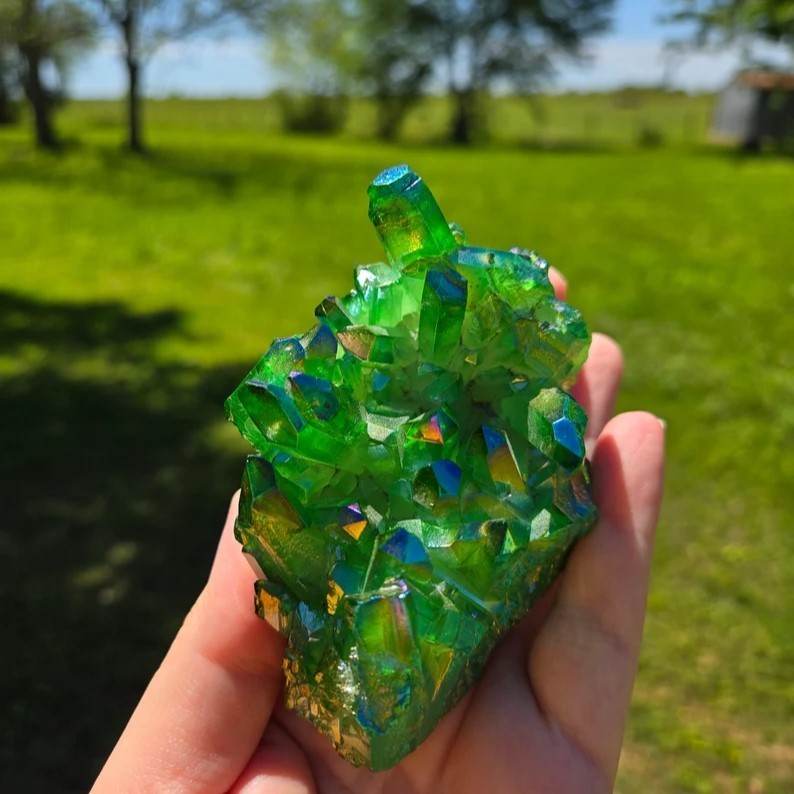 80-100g Titanium Aura Green Healing Crystal Quartz Cluster Geode Home Decor