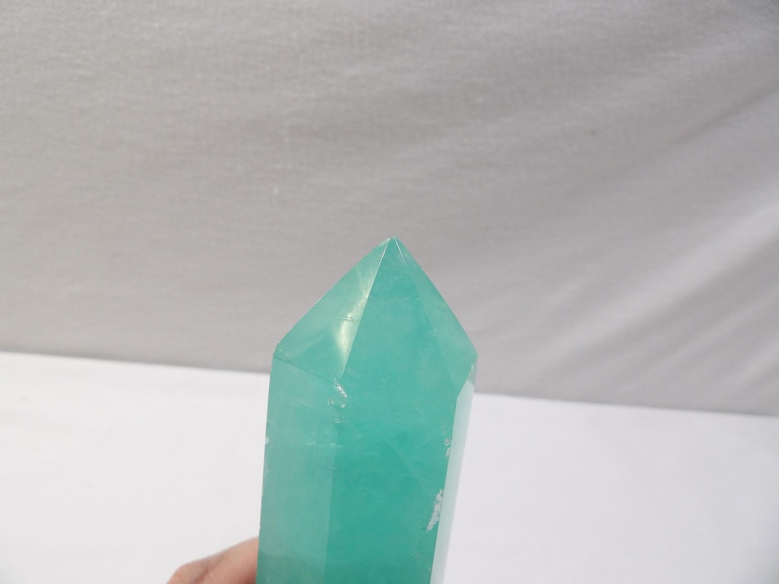 Green fluorite crystal tower, hexagon column obelisk, 6.75L X 1.75W, translucent