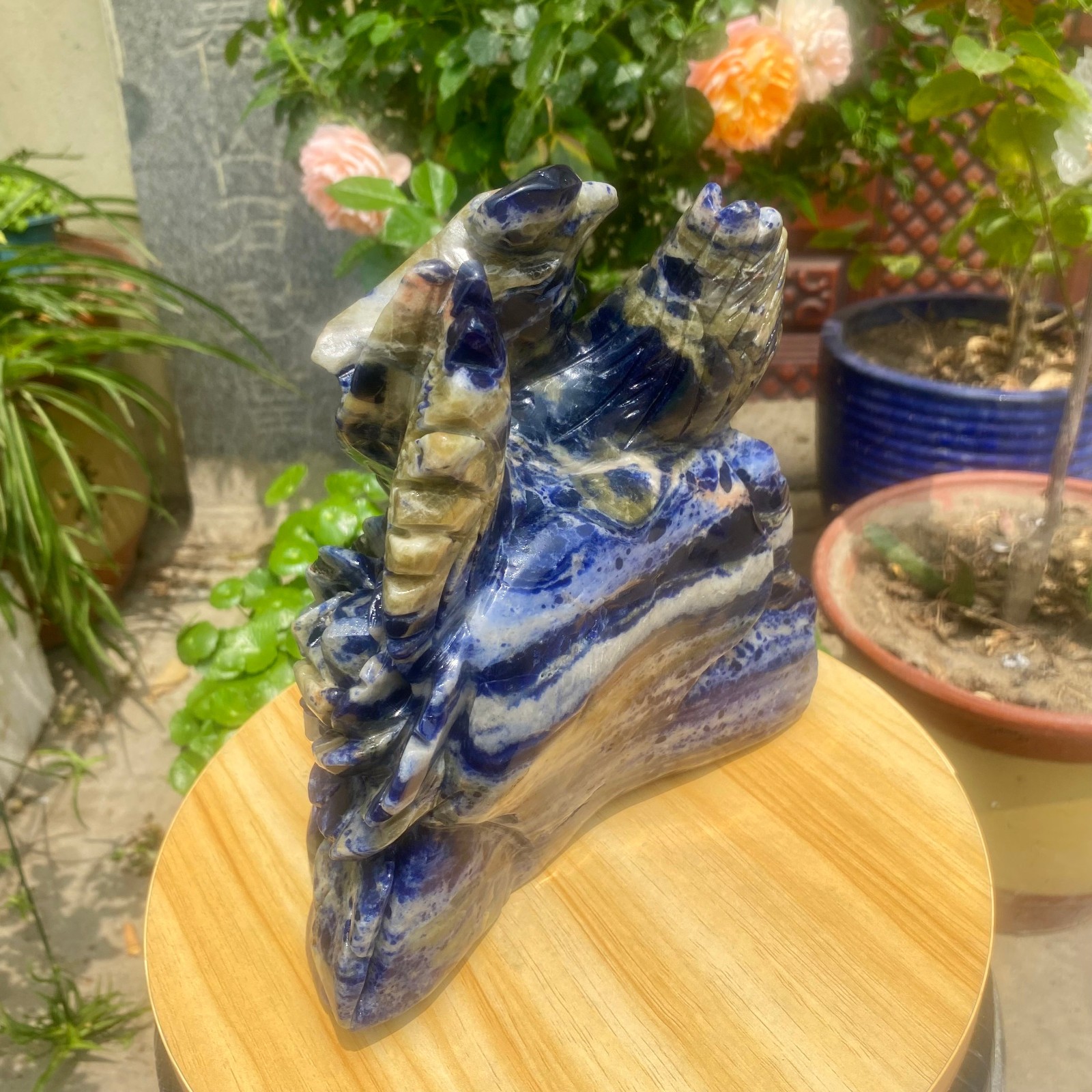 6.61LB Natural Blue Vein Stone Phoenix Carving, Home Decoration