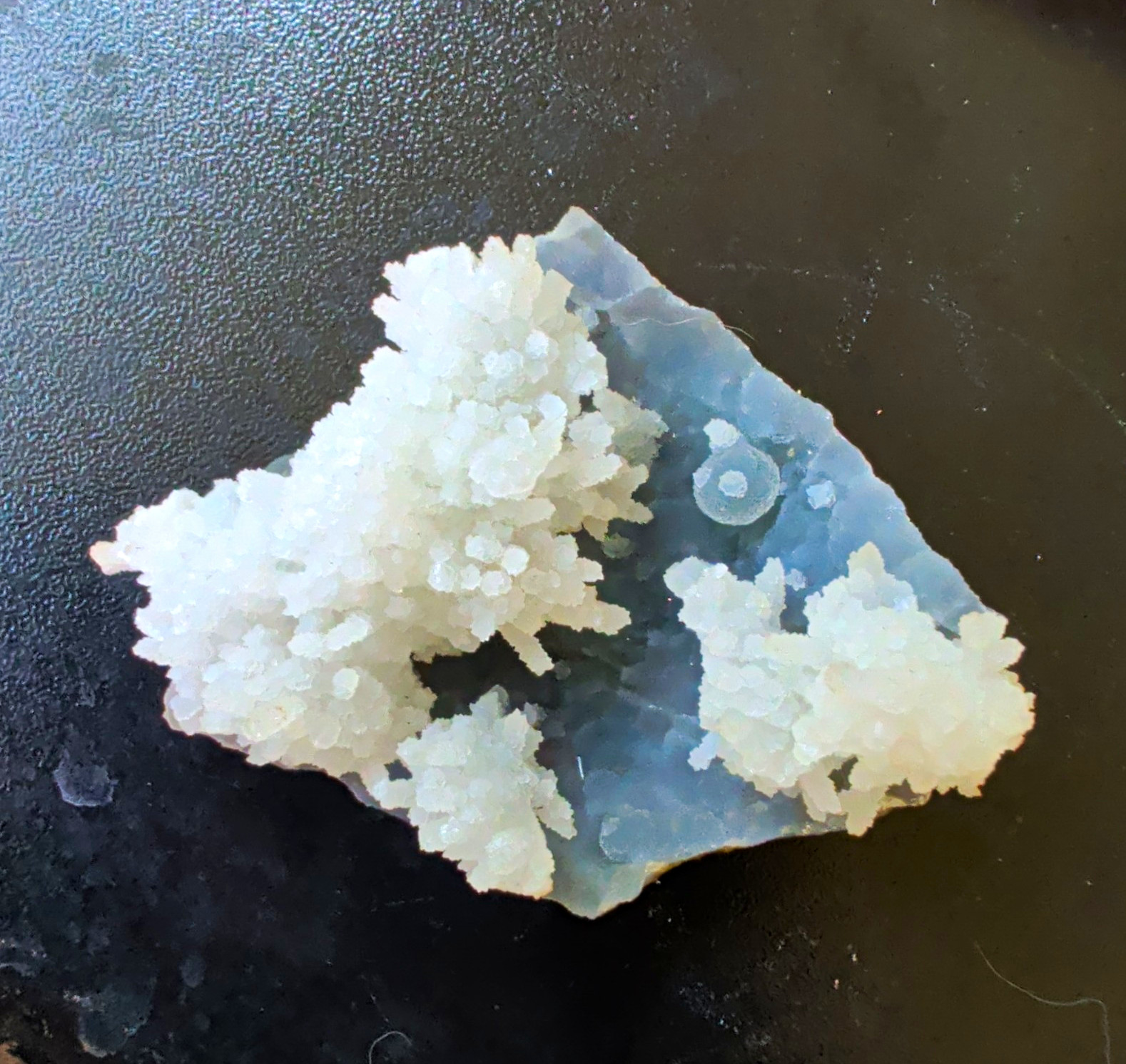 White flower formations atop a blue chalcedony base Mineral Display Piece Raw