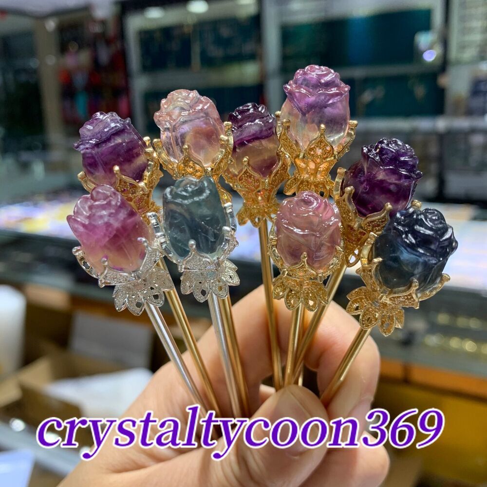 5pc Natural Fluorite Rose Flower Skull Carving Quartz Crystal Reiki Healing