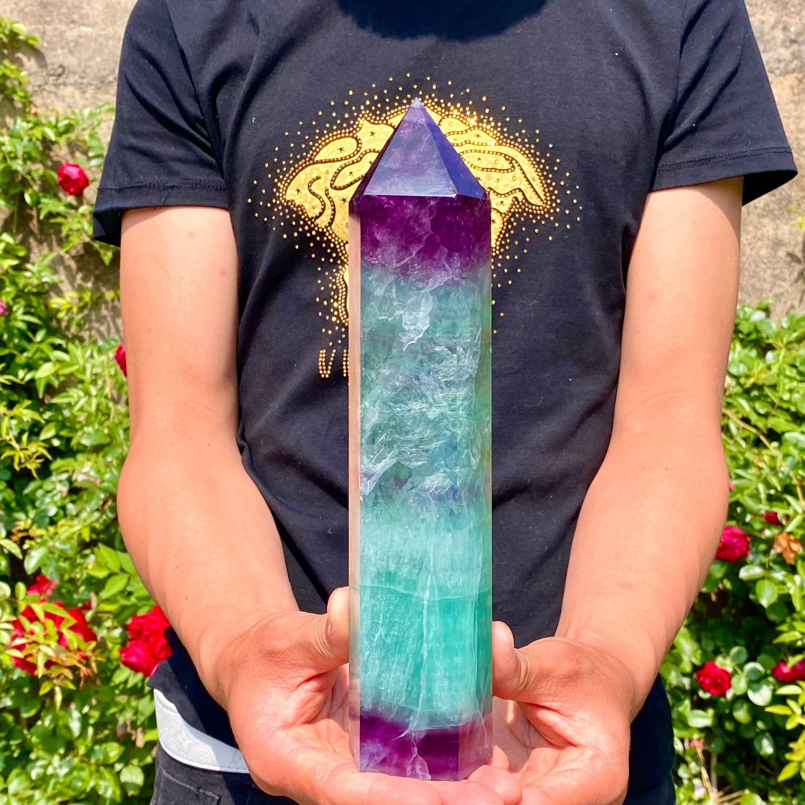 3.19LB Natural rainbow fluorite obelisk quartz crystal wand point Gem Healing