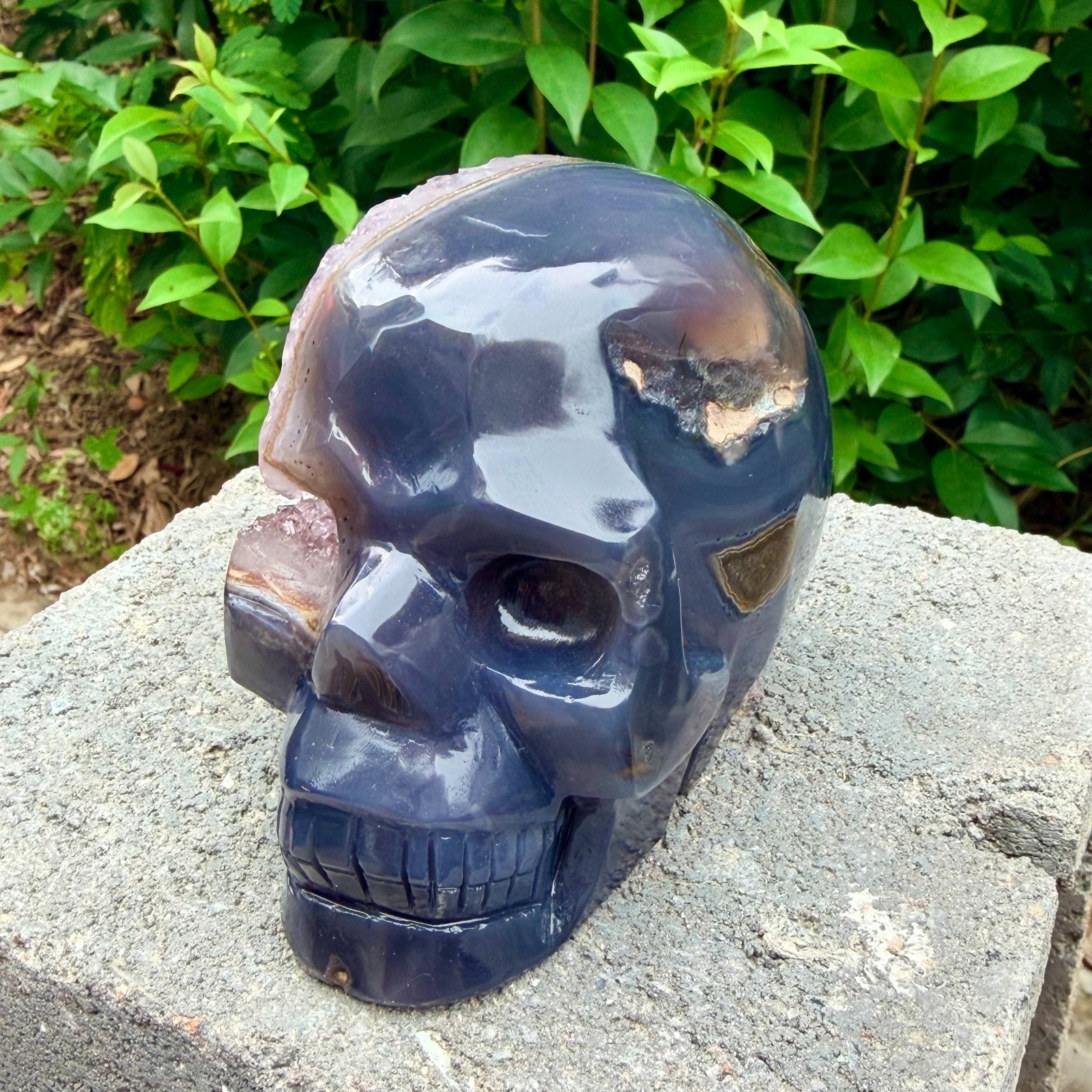 2.33lb Amethyst agate crystal cave skull, Rare hand carved skull specimen