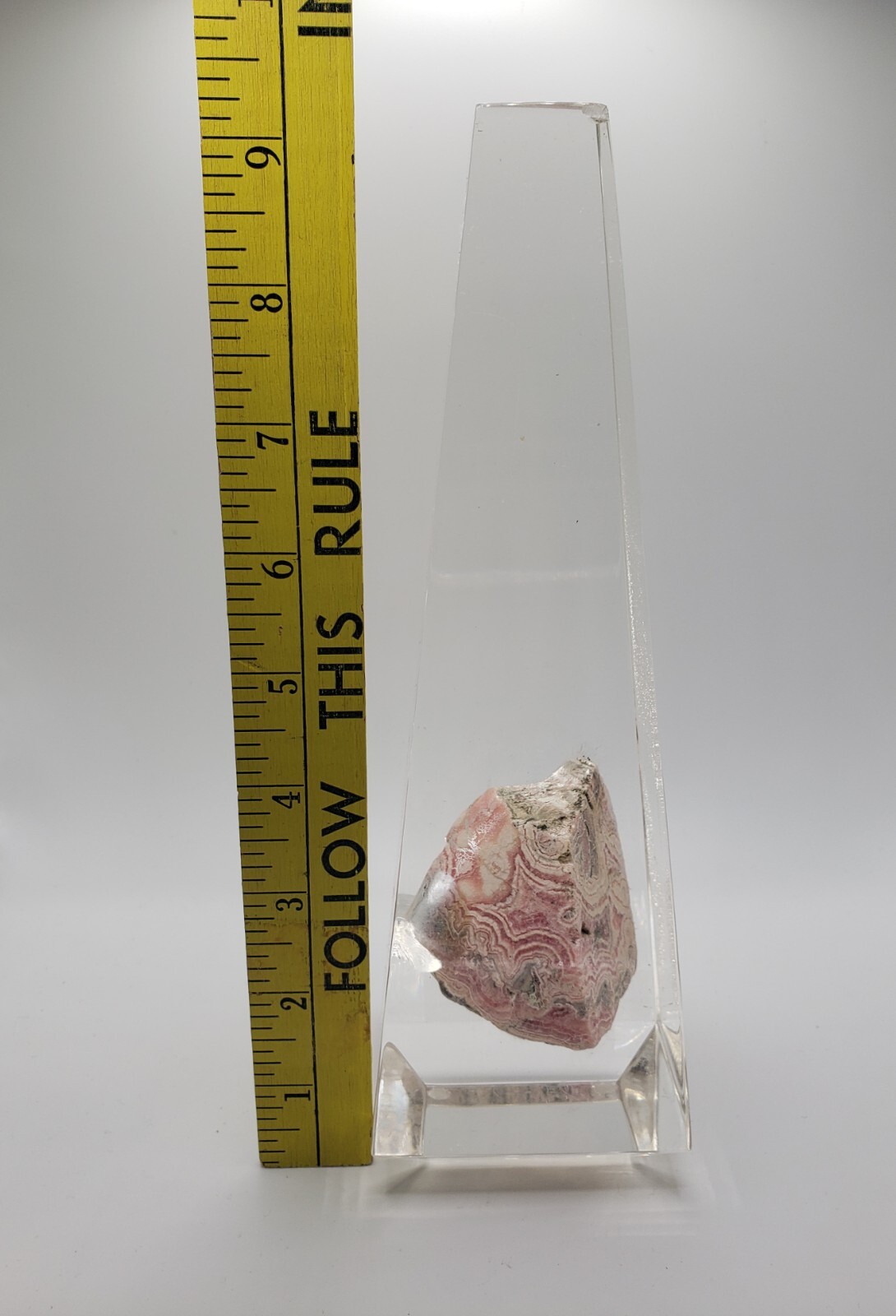 Rhodochrosite Stalactite Inca Rose Pink Mineral Specimen In a Lucite Sculpture
