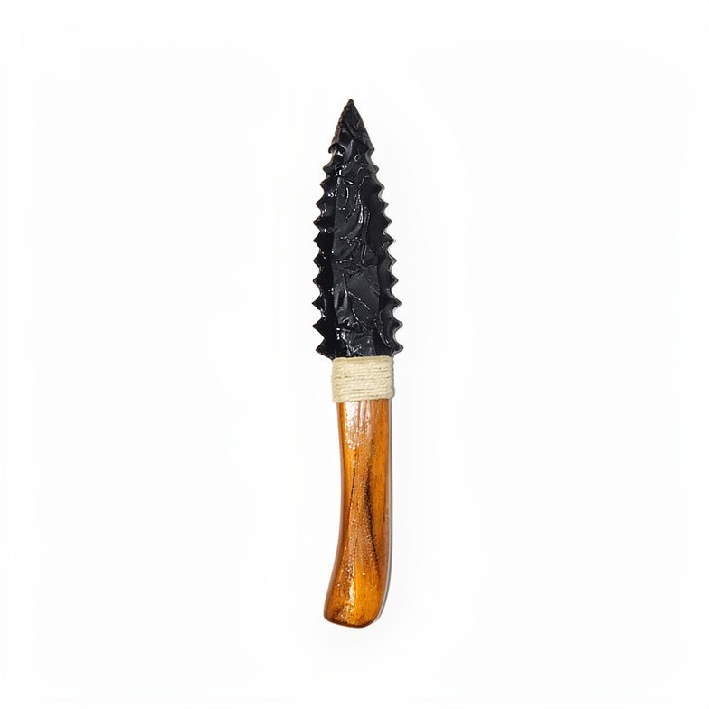 Natural Black Obsidian Knife Wooden Handle Handmade Volcanic Glass Blade