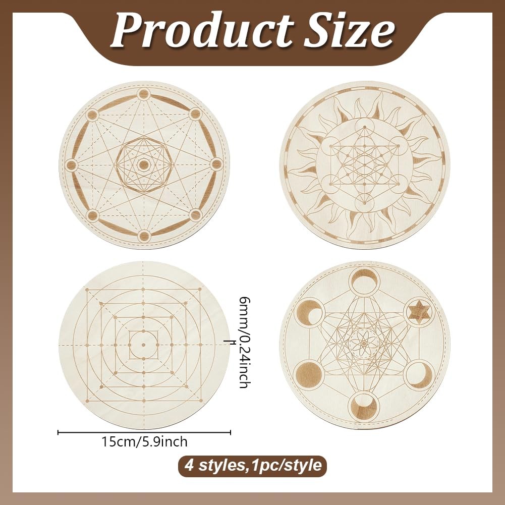 4 PCS Wooden Crystal Grid Board, Round Sacred Geometry Energy Grids Board, Me…