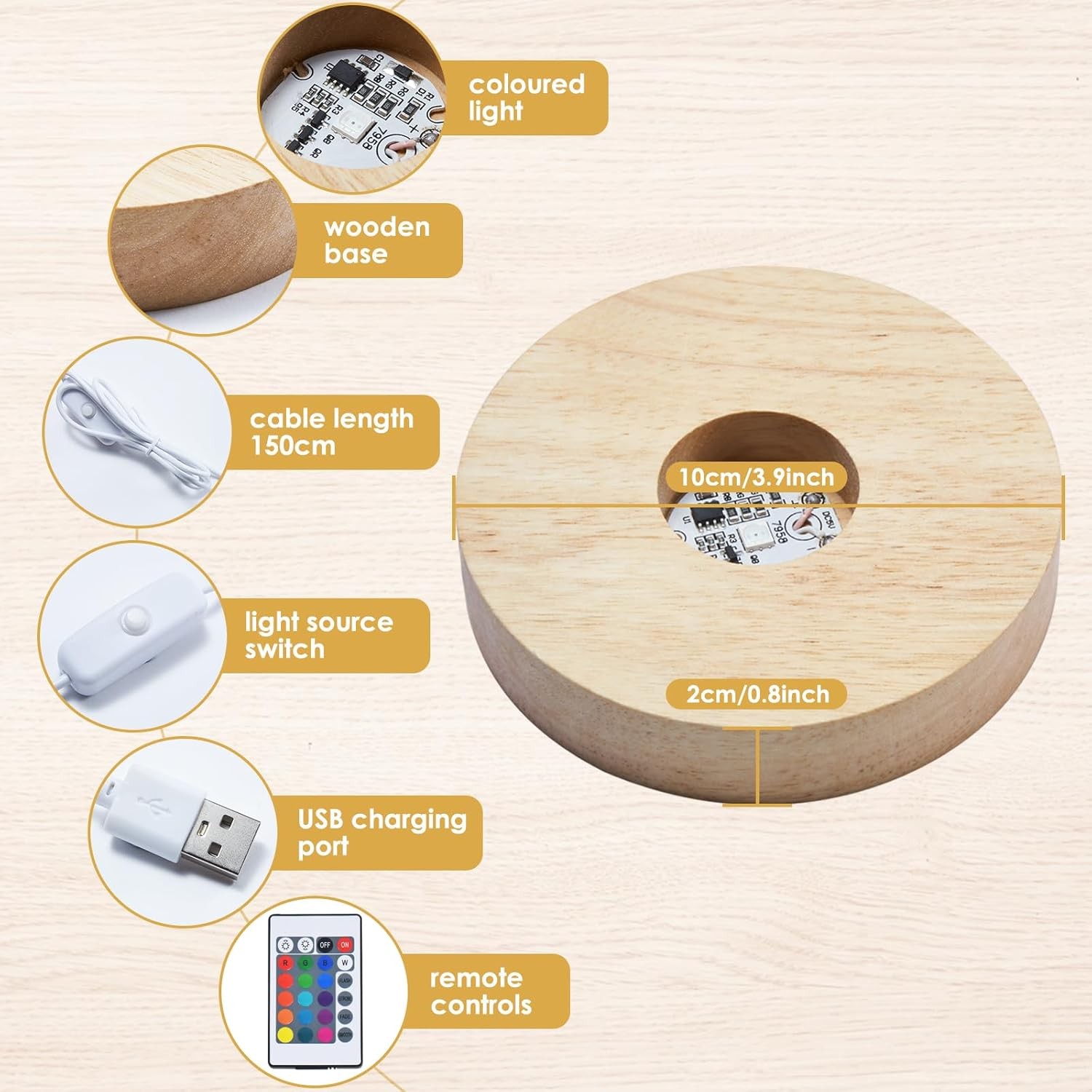 2PCS LED Wooden Round Light Base 7-Color Adjustable Display Stand for 3D Crystal